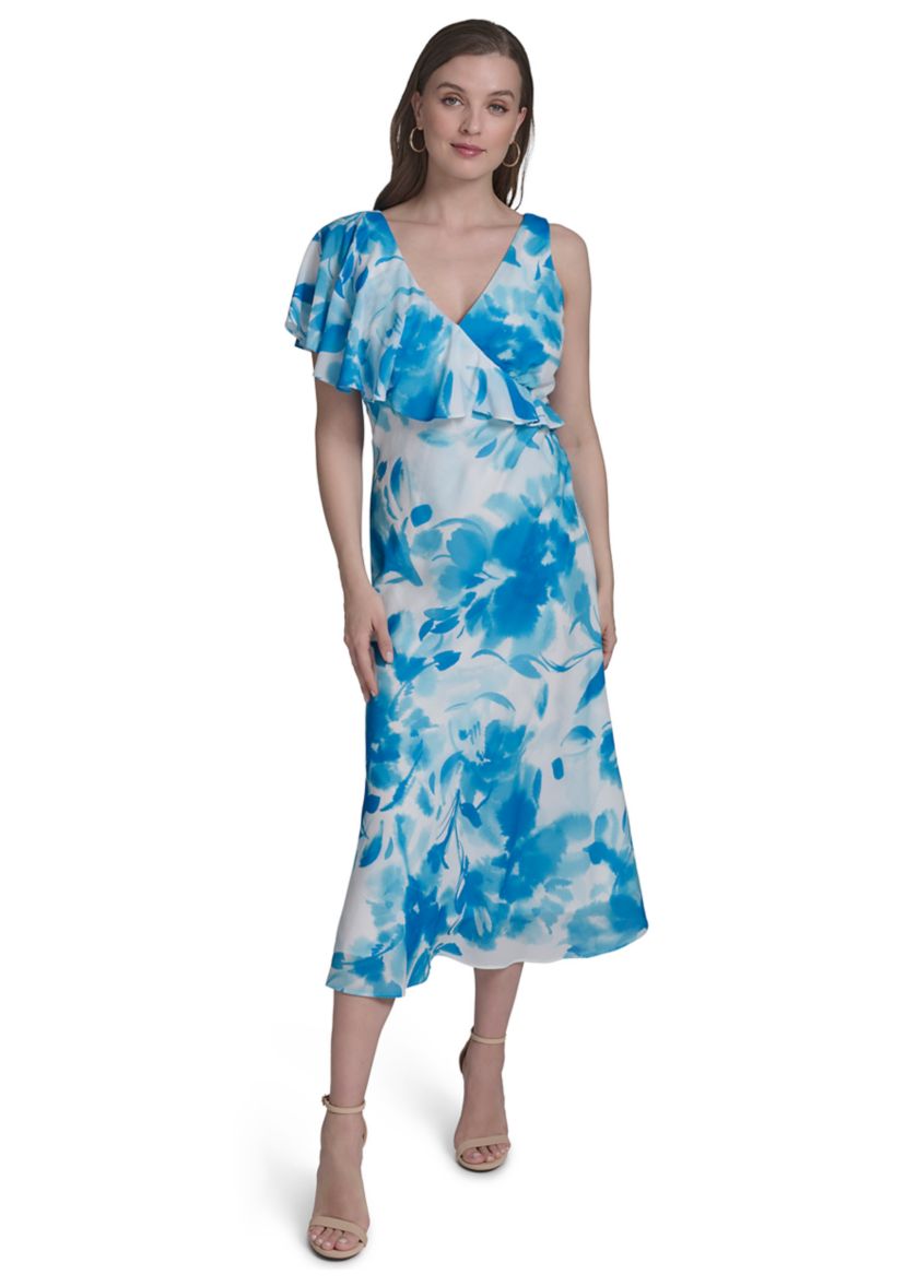 Womens One-Shoulder Ruffle Flare Dress 