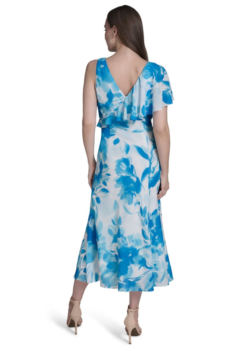 Womens One-Shoulder Ruffle Flare Dress 