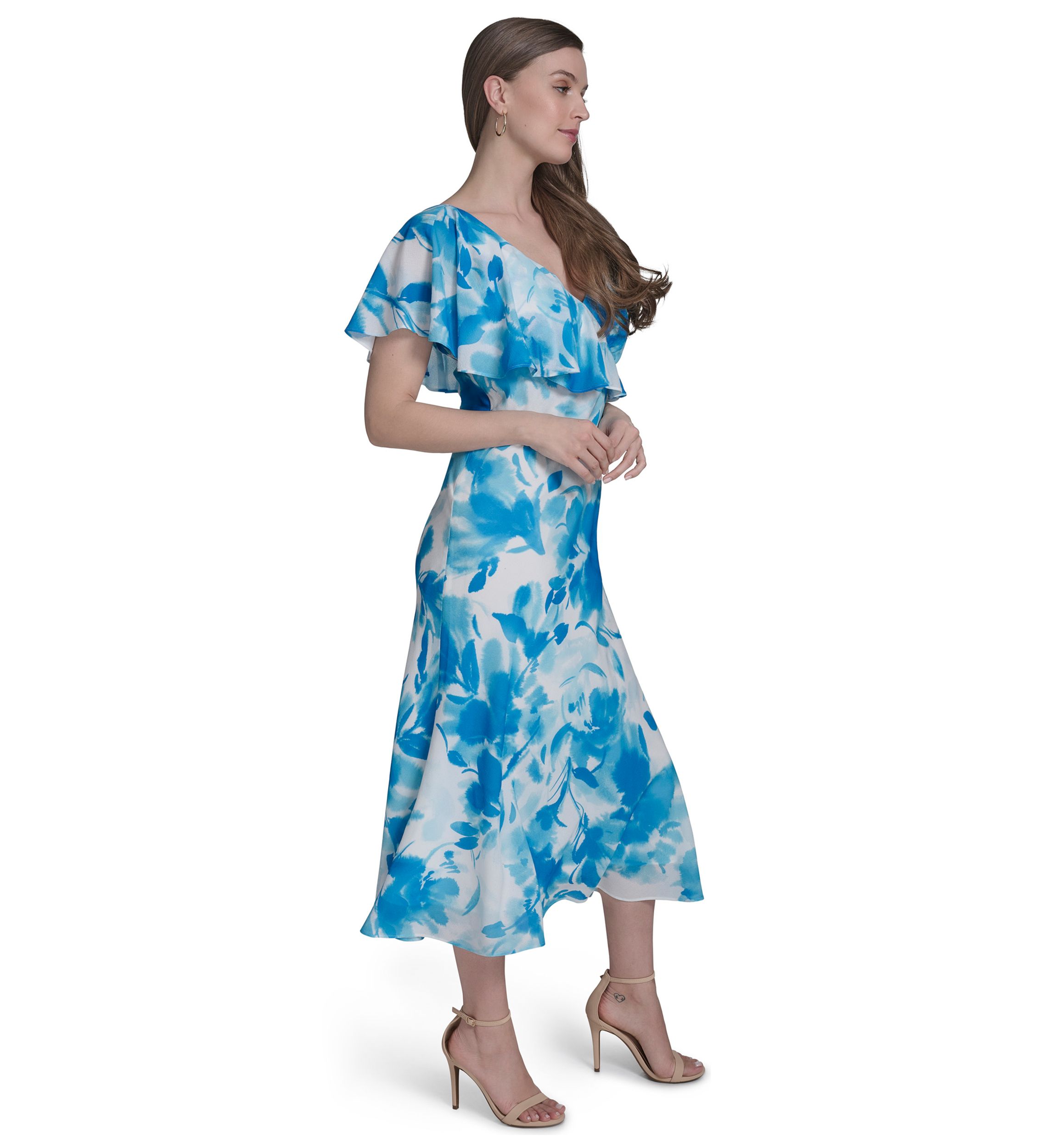 Womens One-Shoulder Ruffle Flare Dress 
