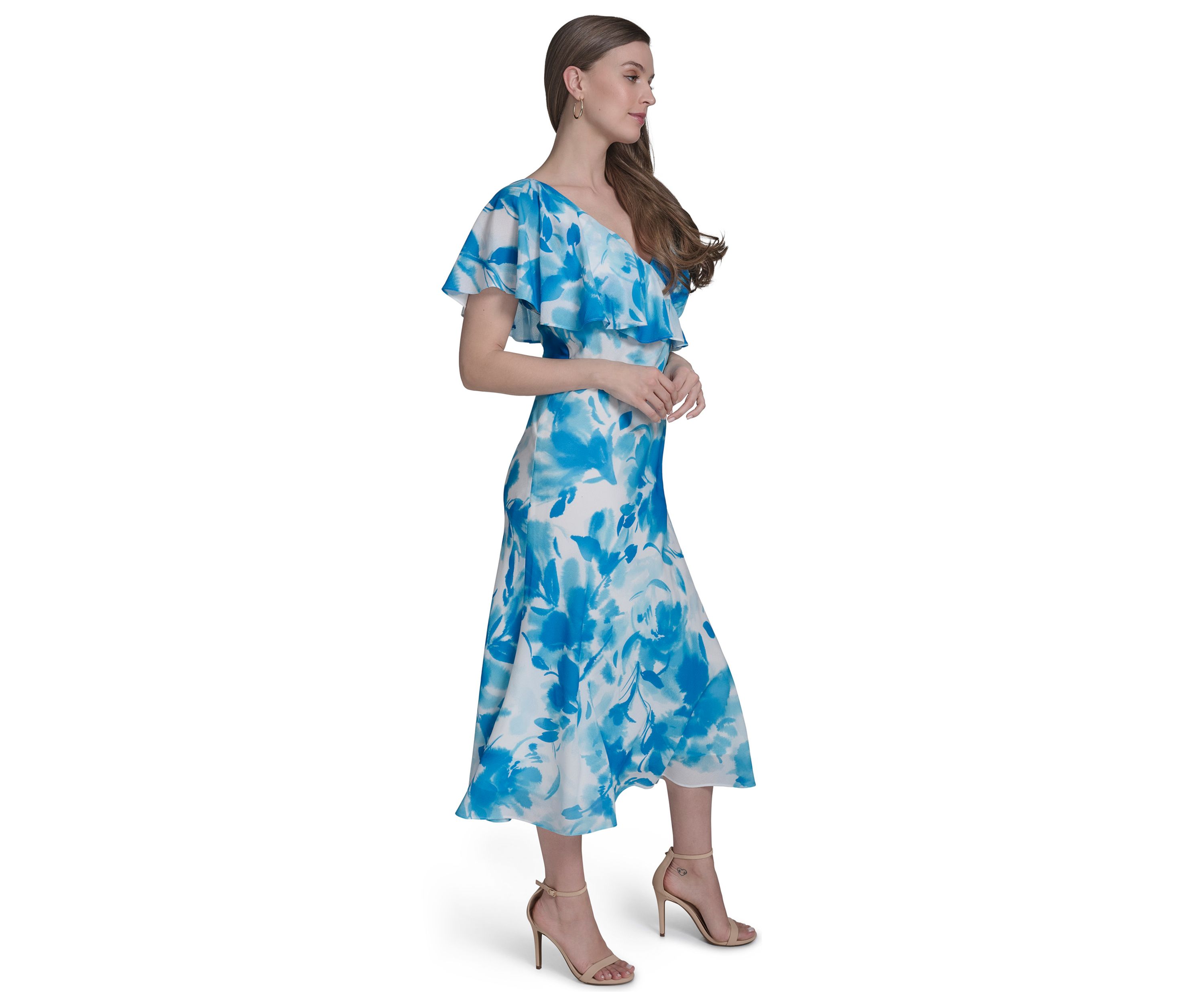 Womens One-Shoulder Ruffle Flare Dress 