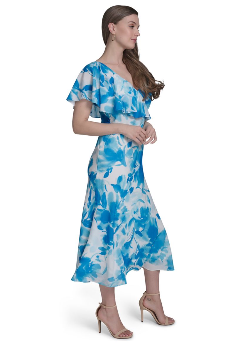 Womens One-Shoulder Ruffle Flare Dress 