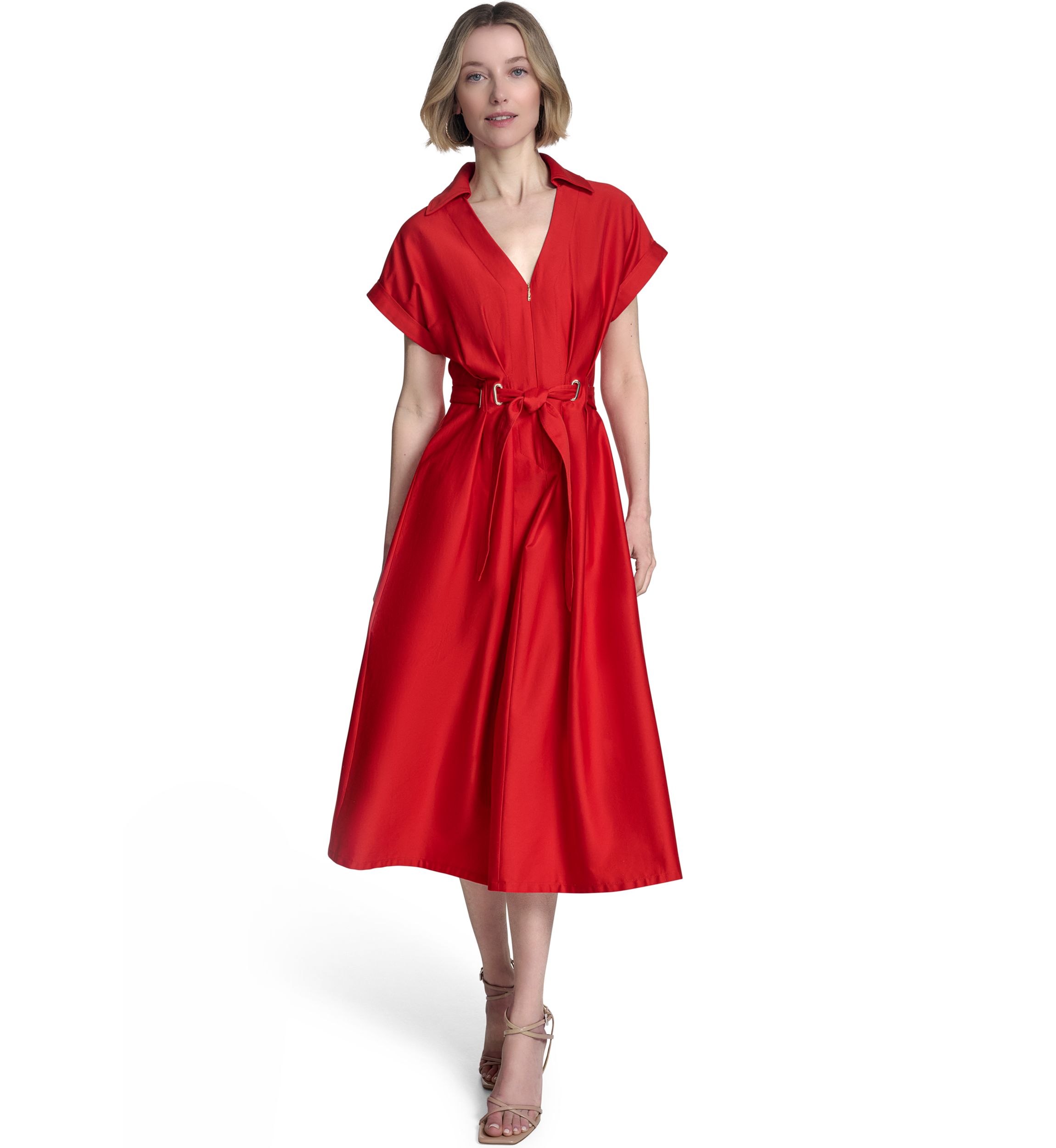 Womens Short Sleeve Collar Neck Solid Belted Shirtdress