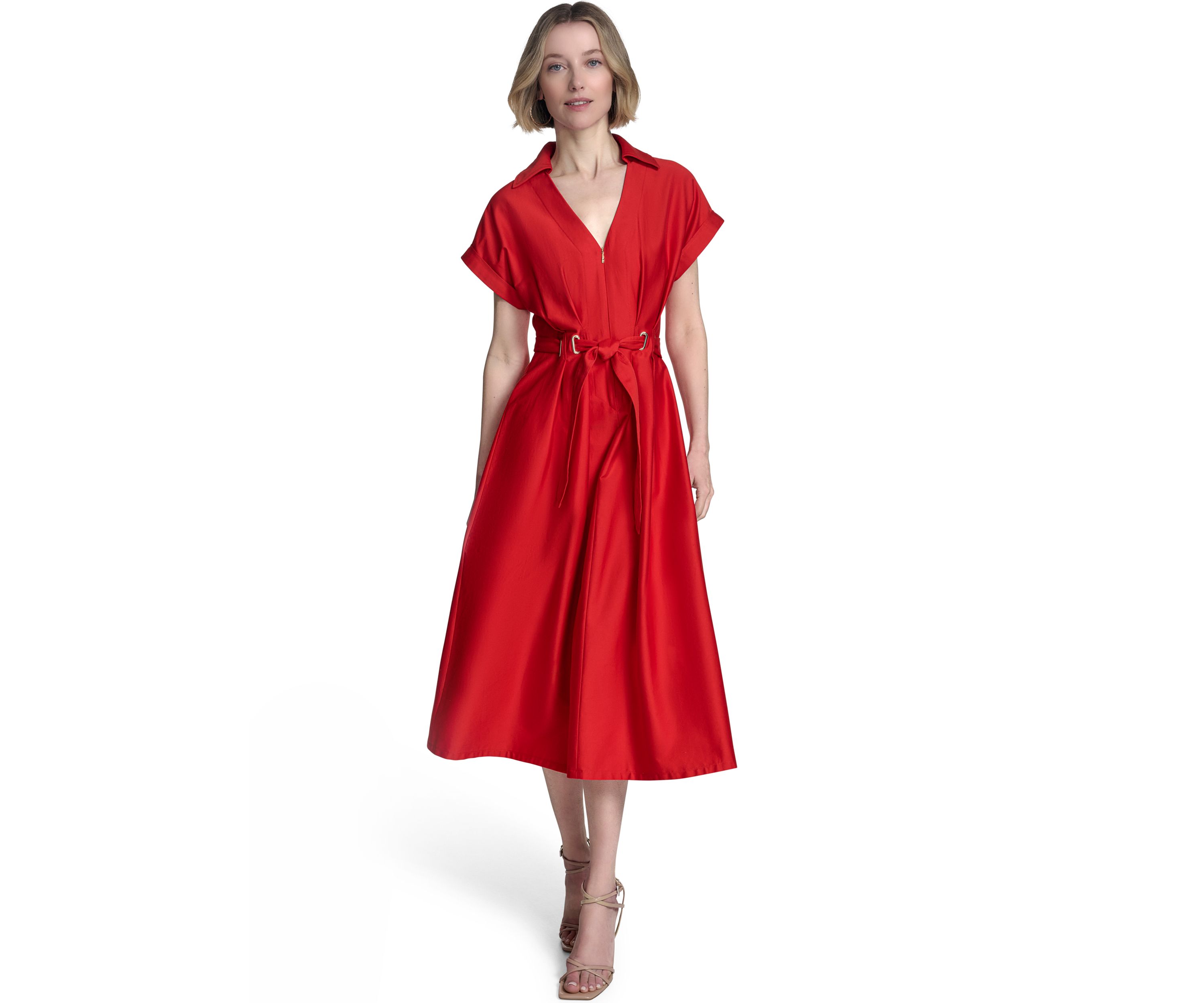 Womens Short Sleeve Collar Neck Solid Belted Shirtdress