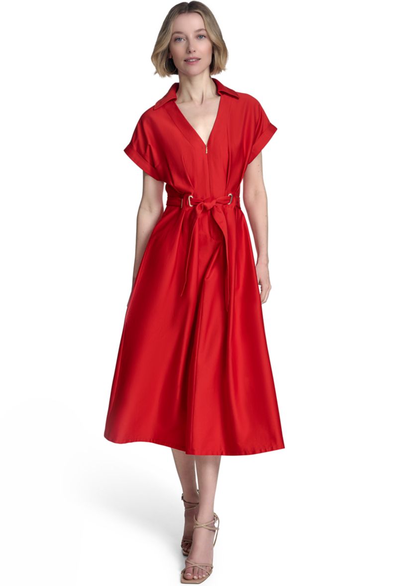 Womens Short Sleeve Collar Neck Solid Belted Shirtdress