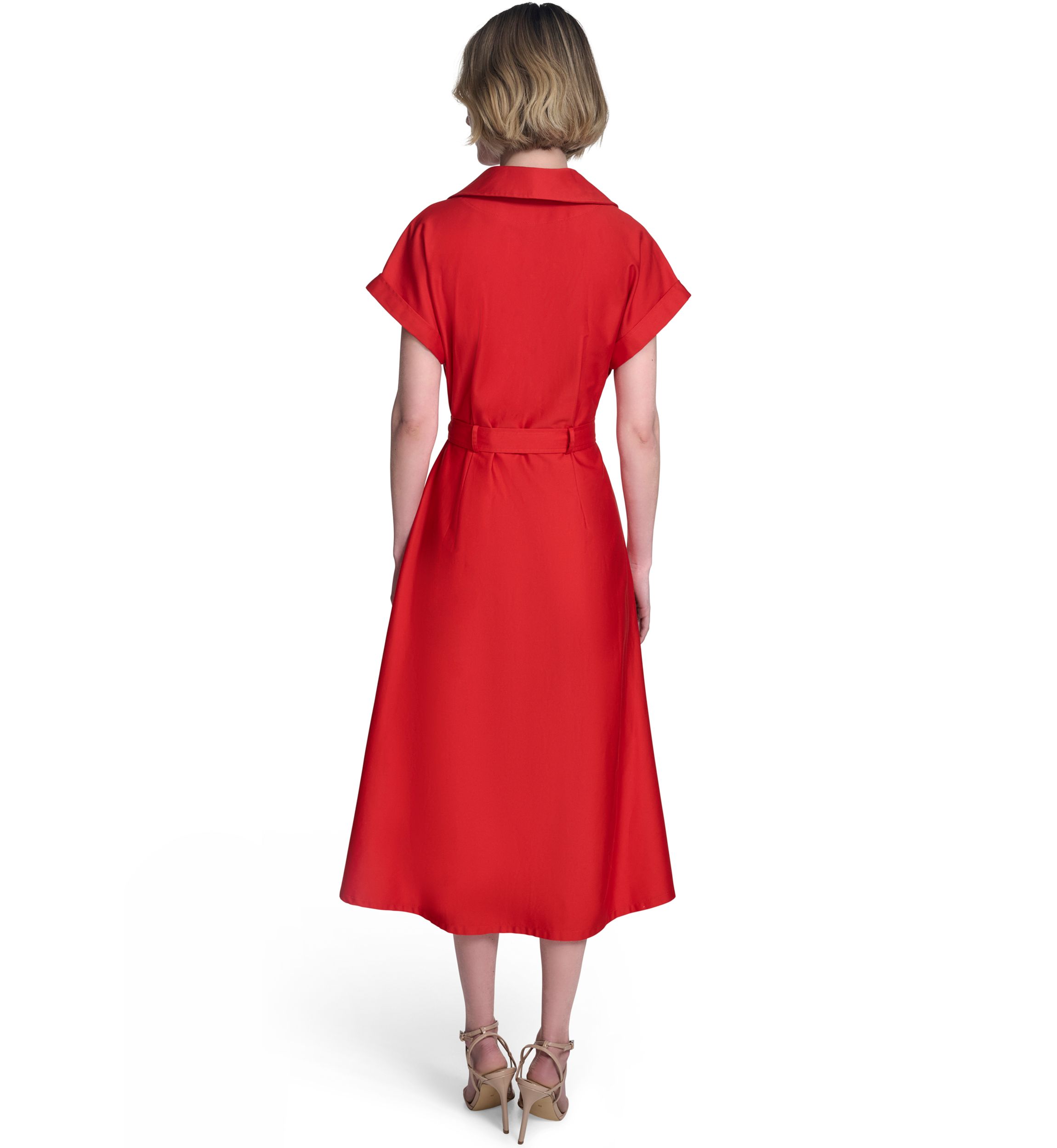 Womens Short Sleeve Collar Neck Solid Belted Shirtdress