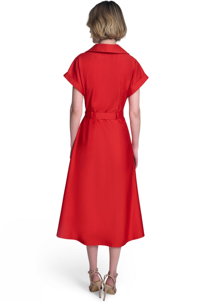 Womens Short Sleeve Collar Neck Solid Belted Shirtdress