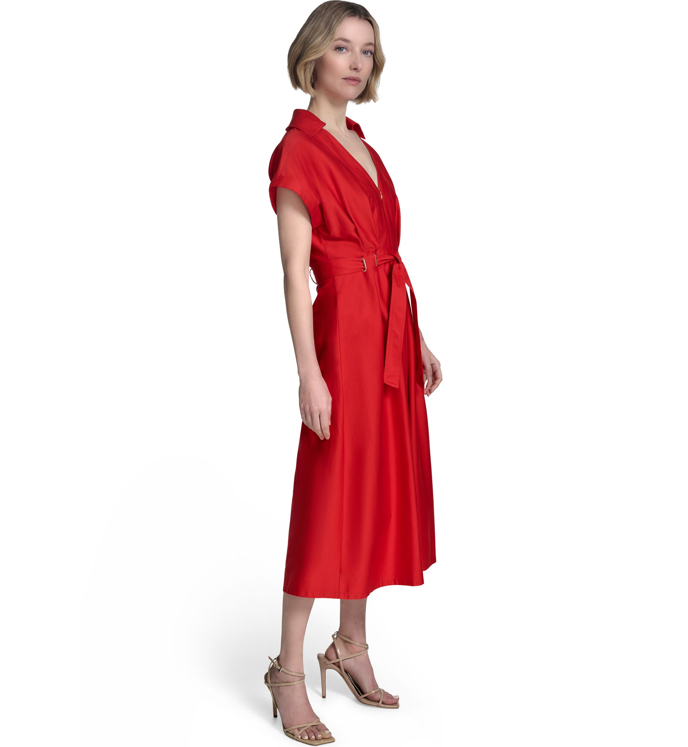 Womens Short Sleeve Collar Neck Solid Belted Shirtdress