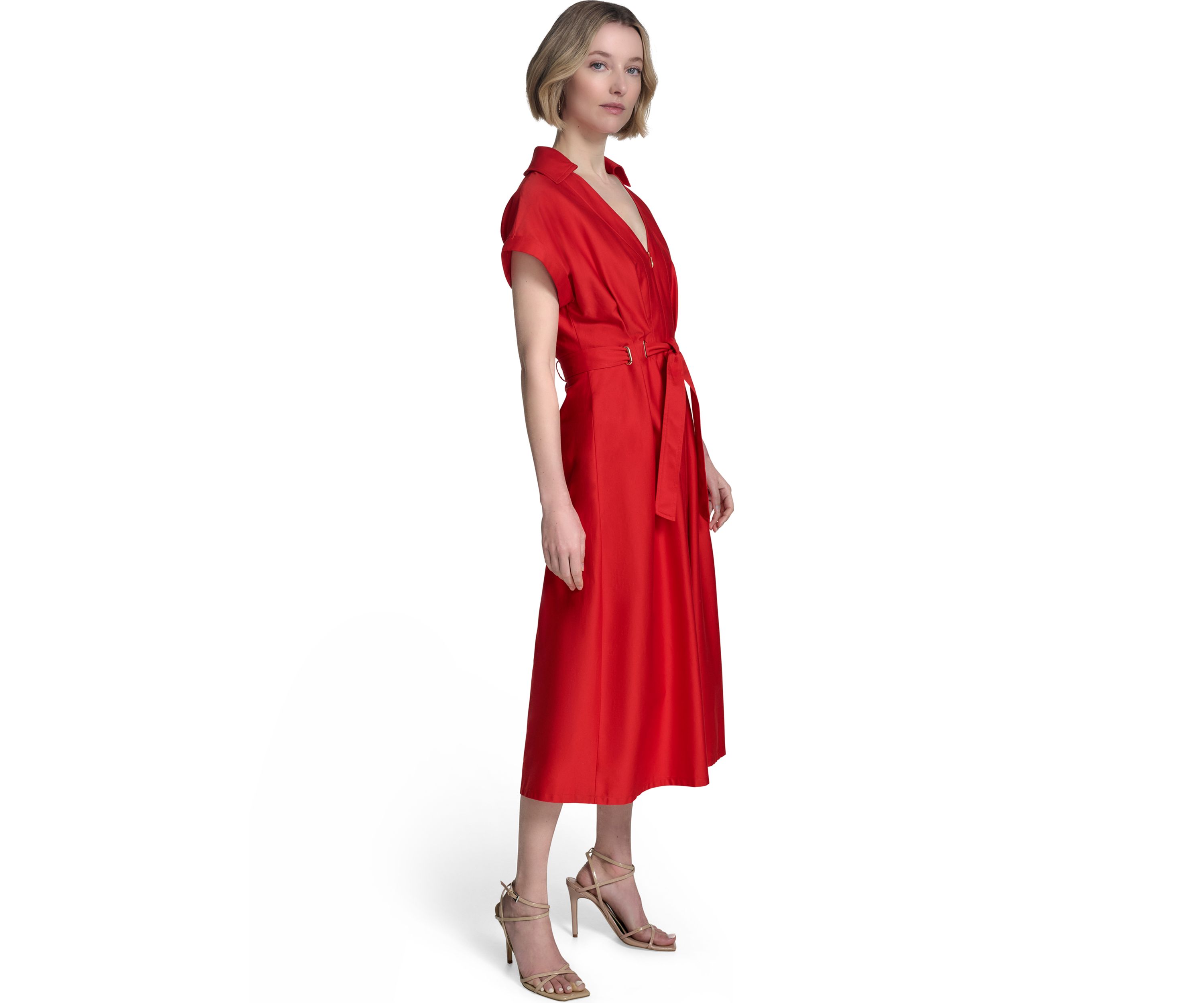 Womens Short Sleeve Collar Neck Solid Belted Shirtdress