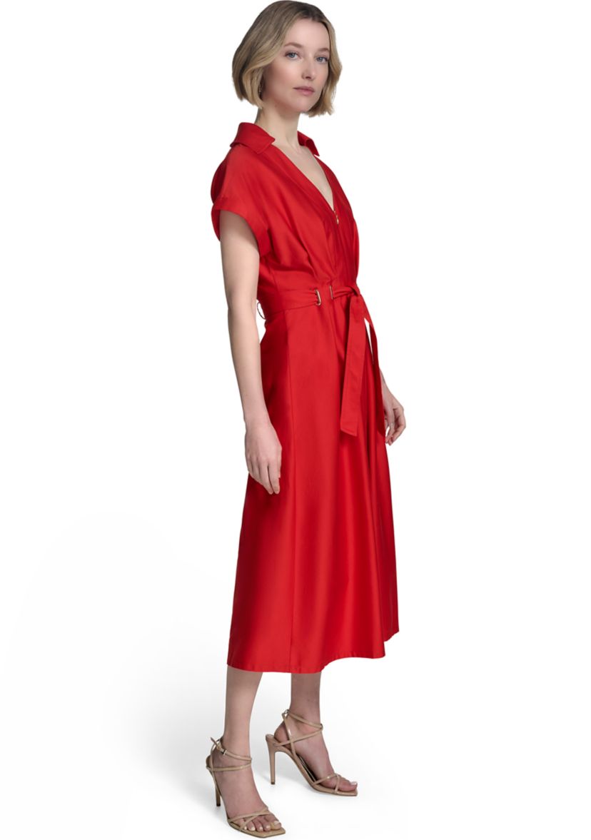 Womens Short Sleeve Collar Neck Solid Belted Shirtdress