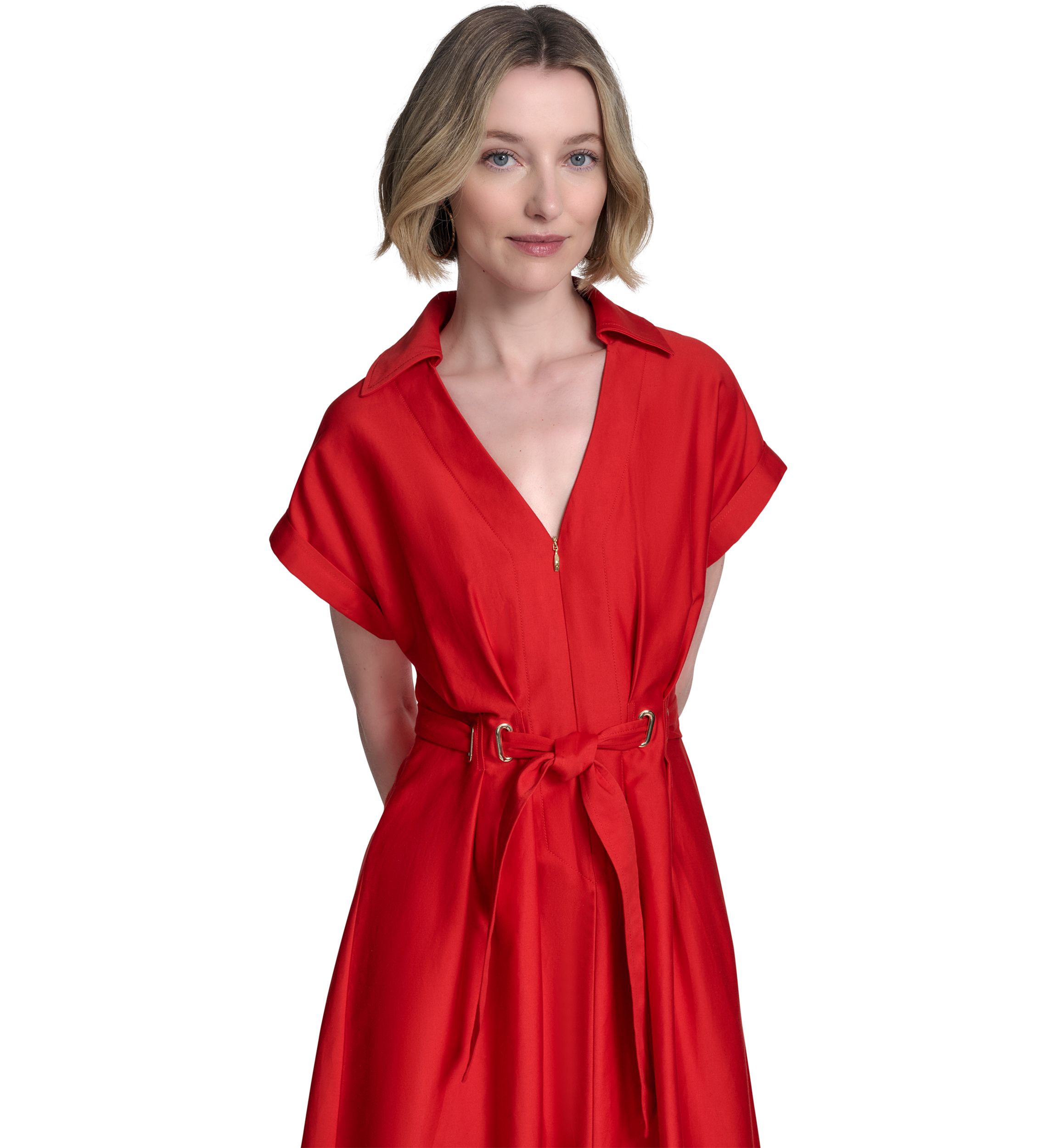 Womens Short Sleeve Collar Neck Solid Belted Shirtdress