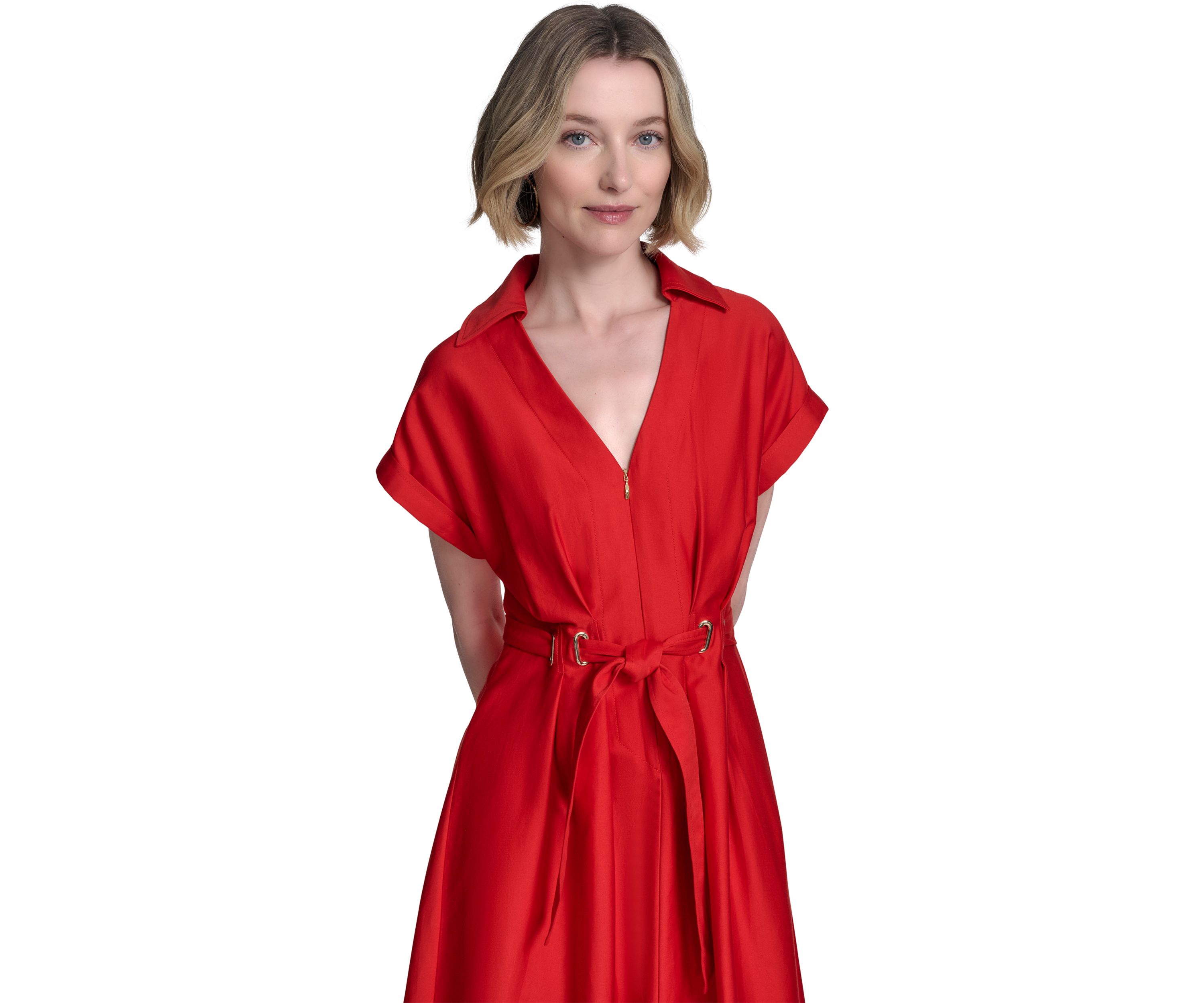 Womens Short Sleeve Collar Neck Solid Belted Shirtdress