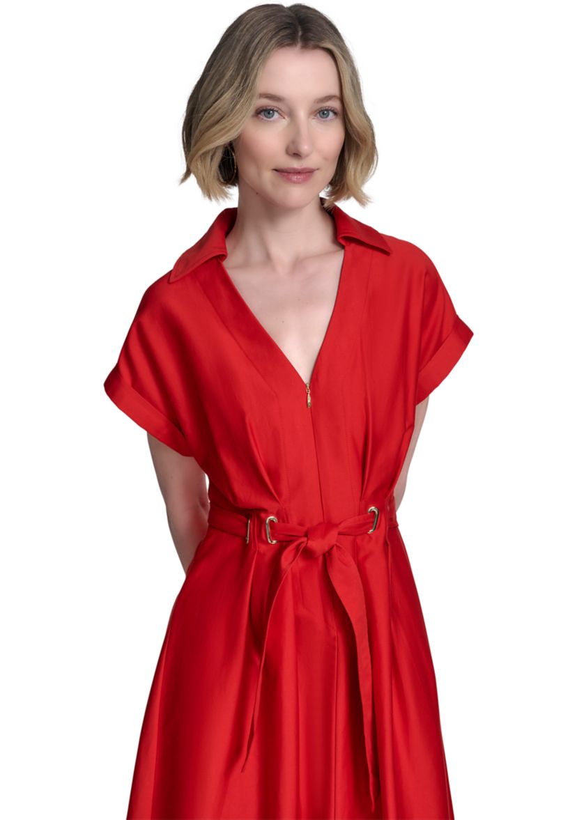 Womens Short Sleeve Collar Neck Solid Belted Shirtdress