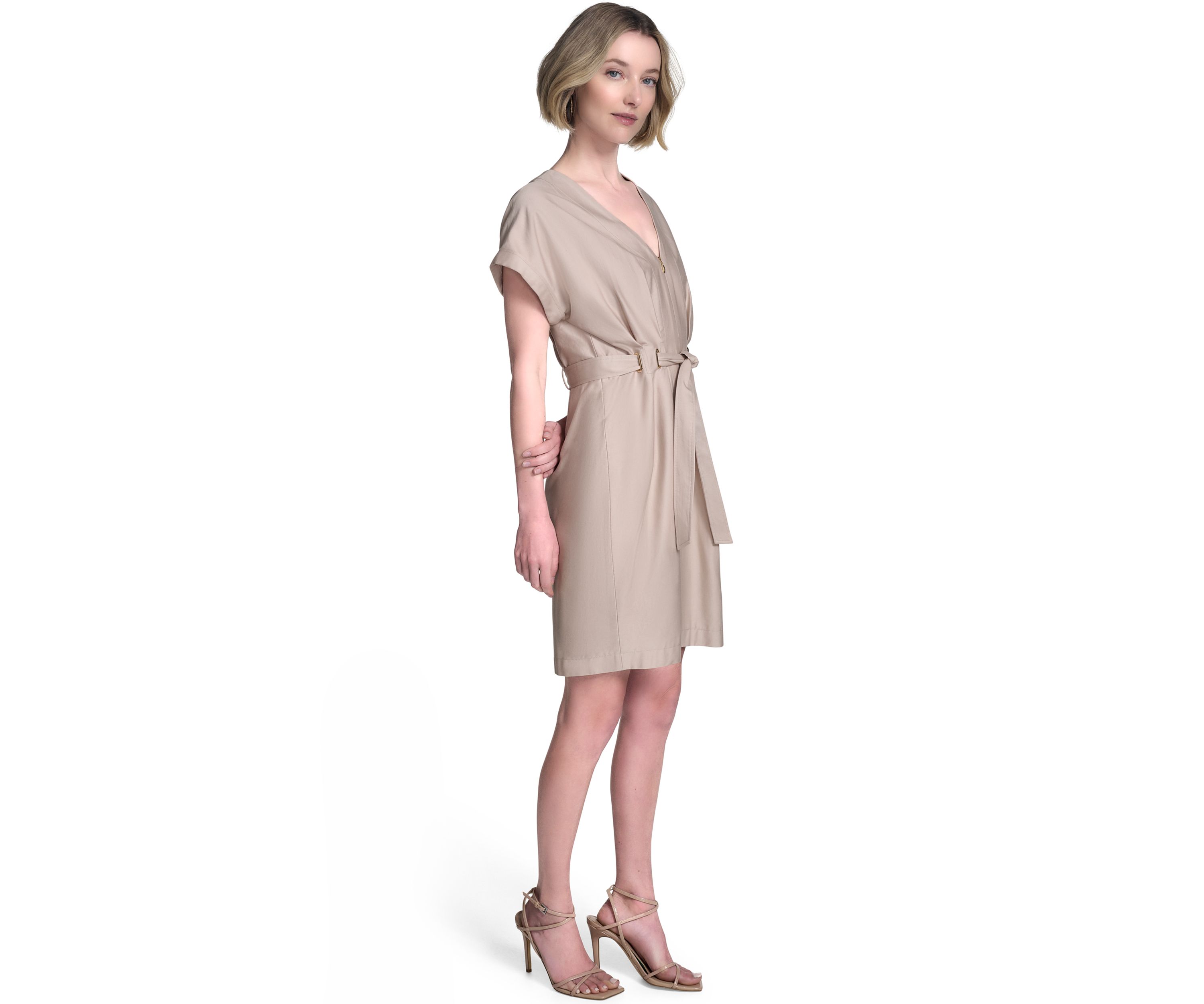 Womens Short Sleeve V-Neck Solid Shirtdress