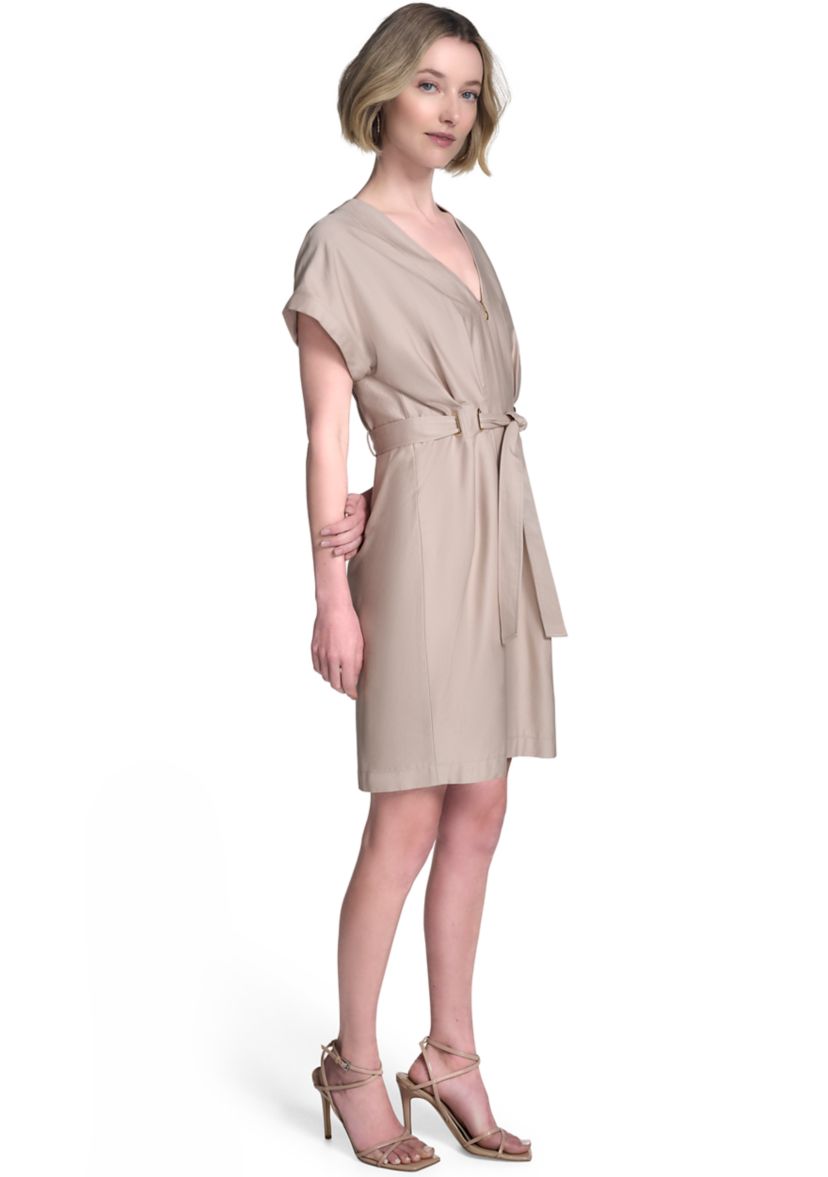 Womens Short Sleeve V-Neck Solid Shirtdress