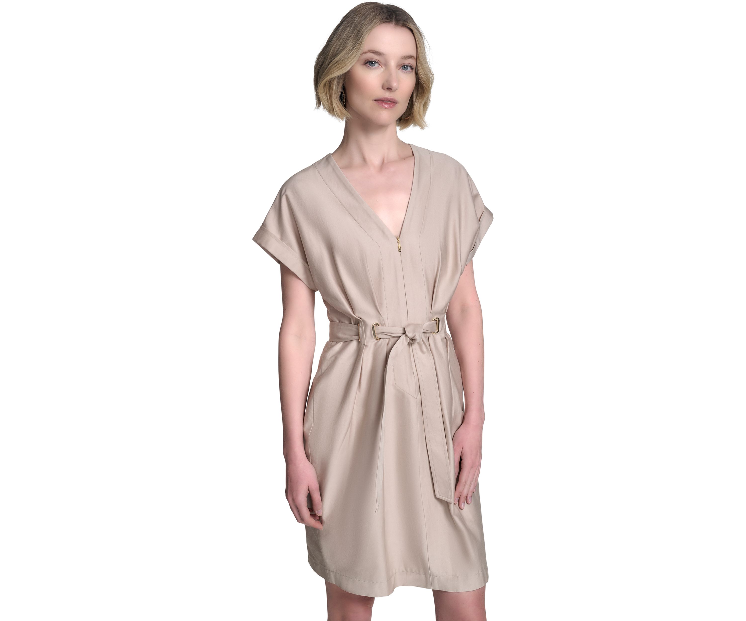 Womens Short Sleeve V-Neck Solid Shirtdress