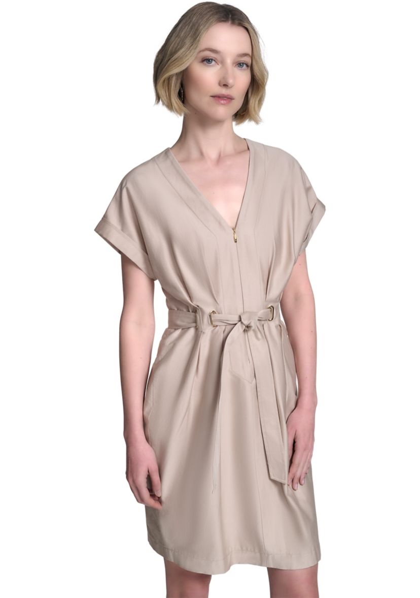 Womens Short Sleeve V-Neck Solid Shirtdress