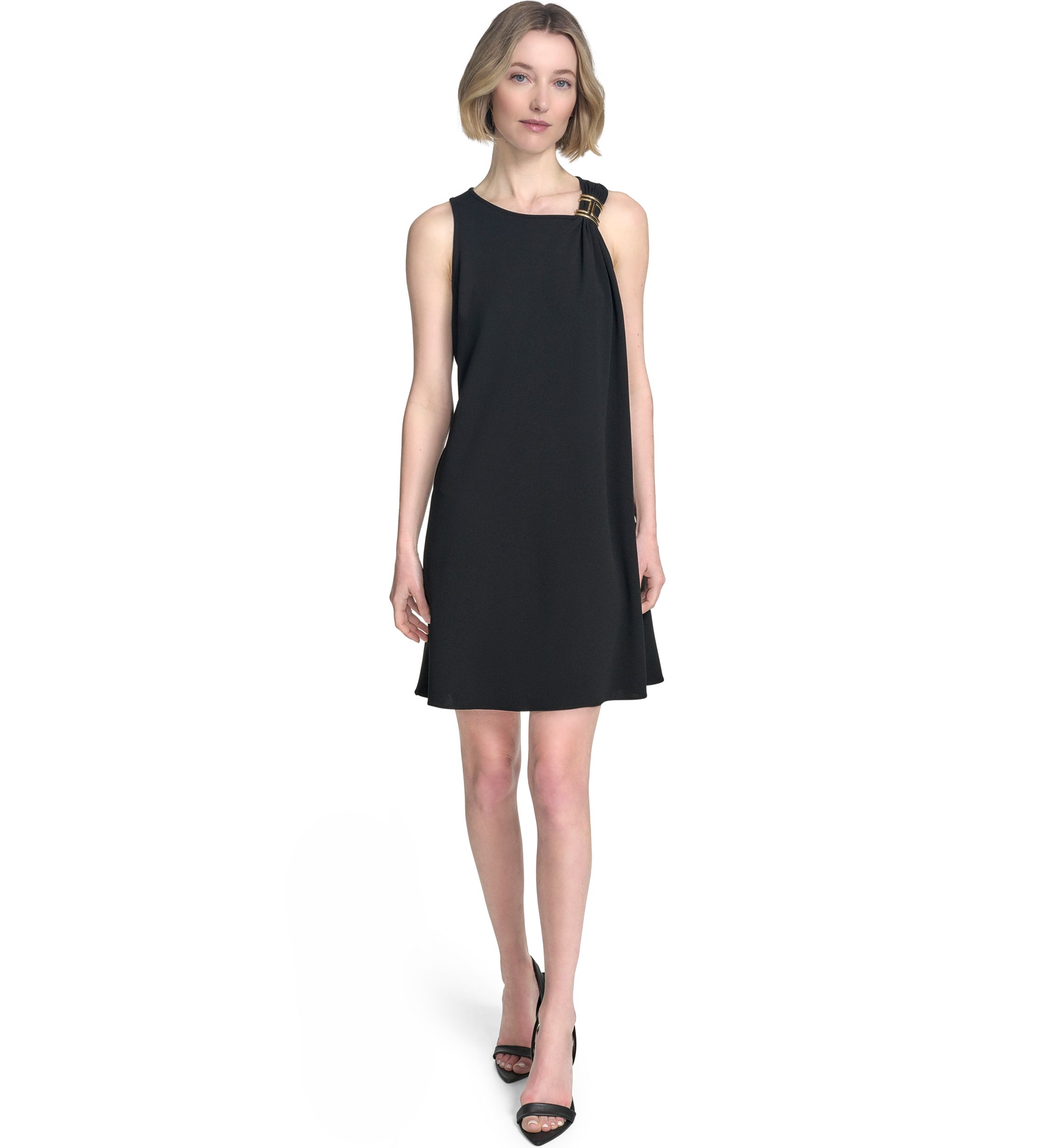 Womens Sleeveless Asymmetrical Neck Solid A-Line Dress