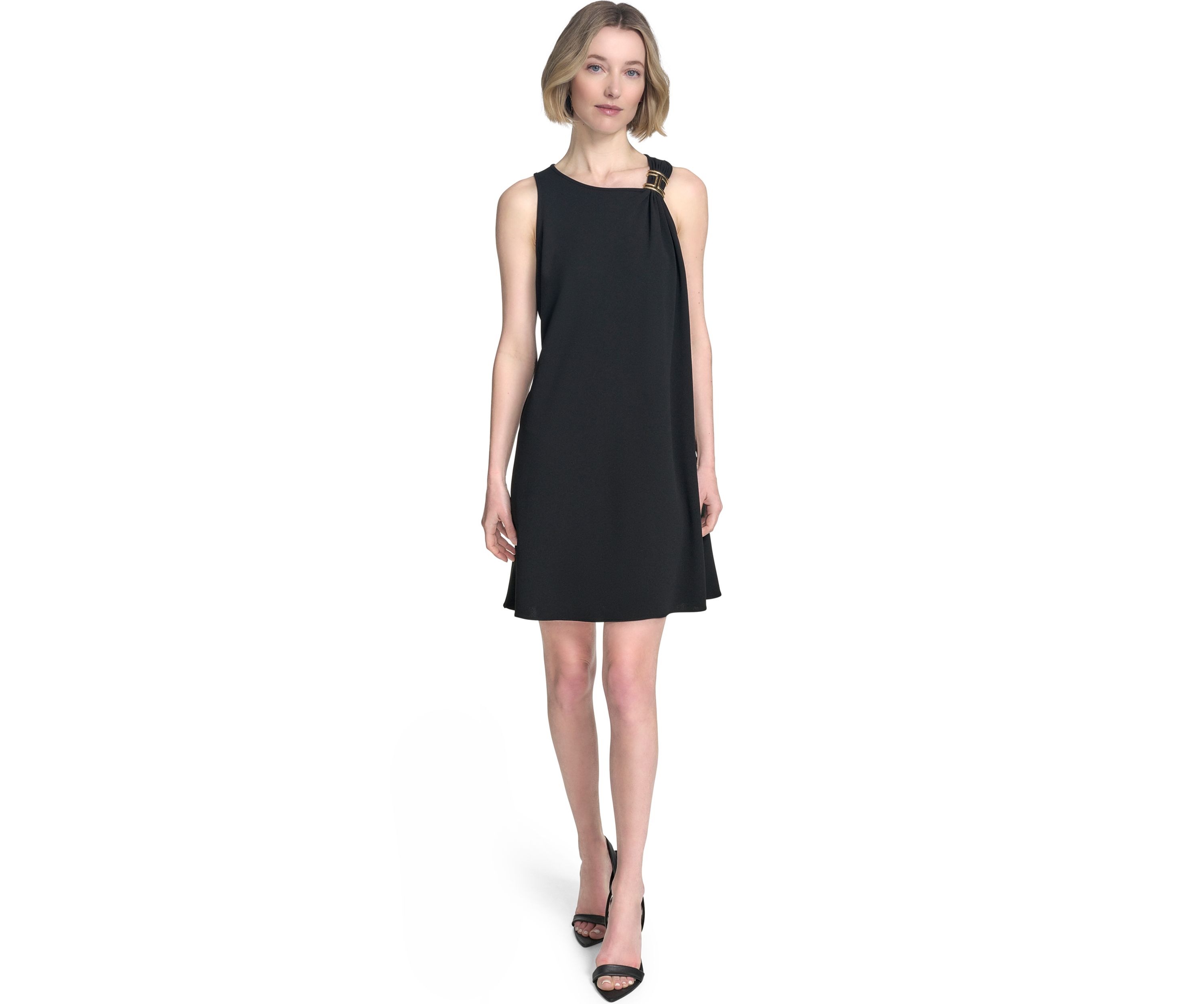 Womens Sleeveless Asymmetrical Neck Solid A-Line Dress