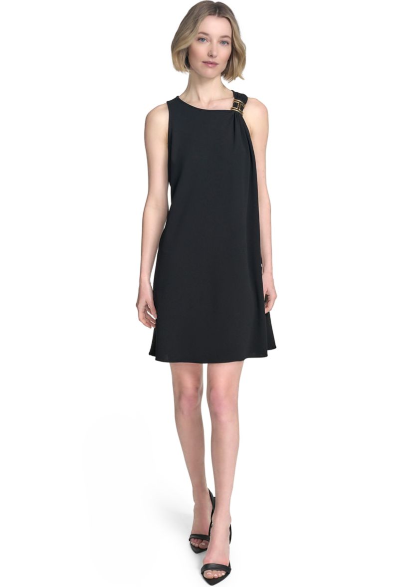 Womens Sleeveless Asymmetrical Neck Solid A-Line Dress