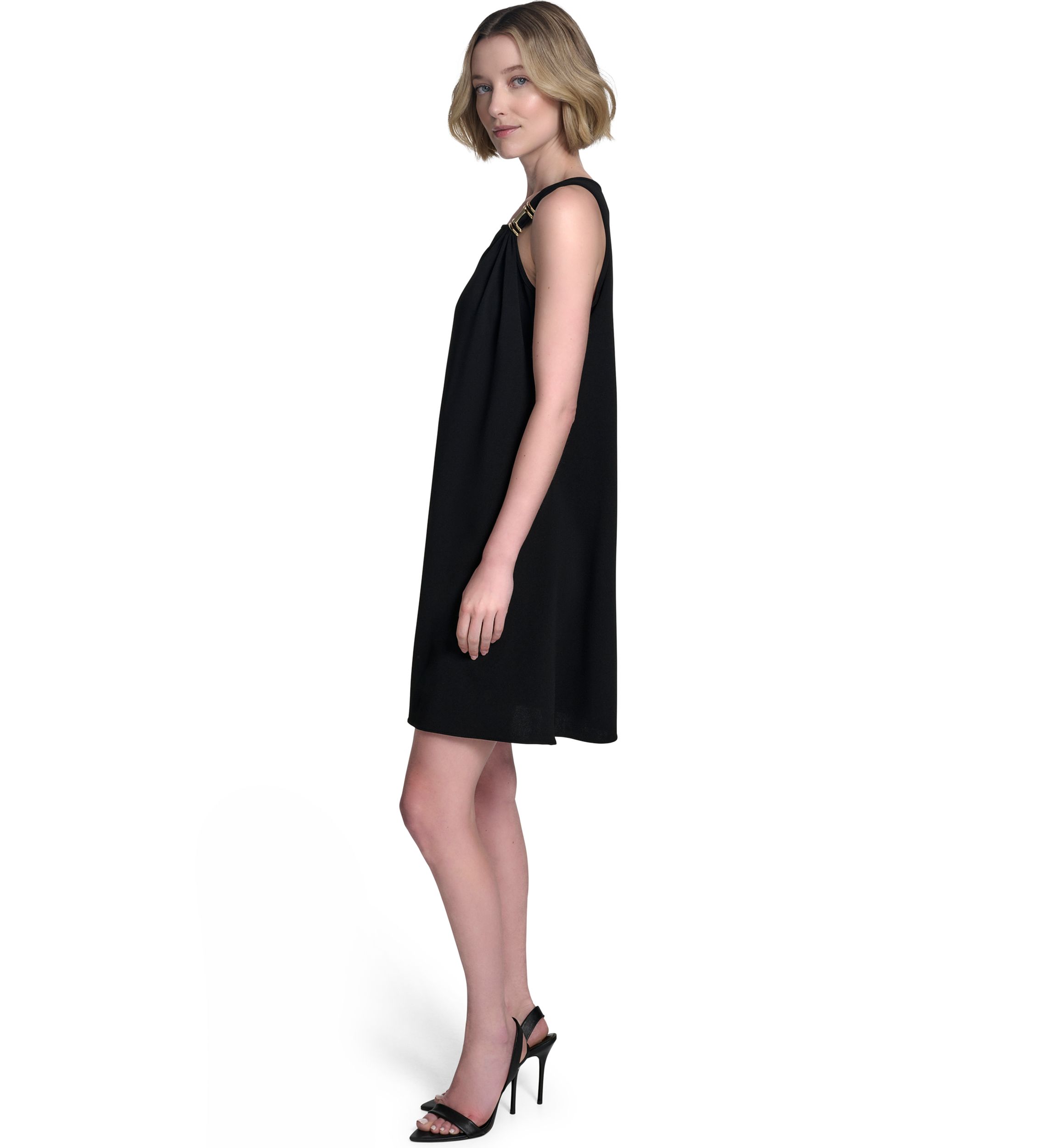 Womens Sleeveless Asymmetrical Neck Solid A-Line Dress