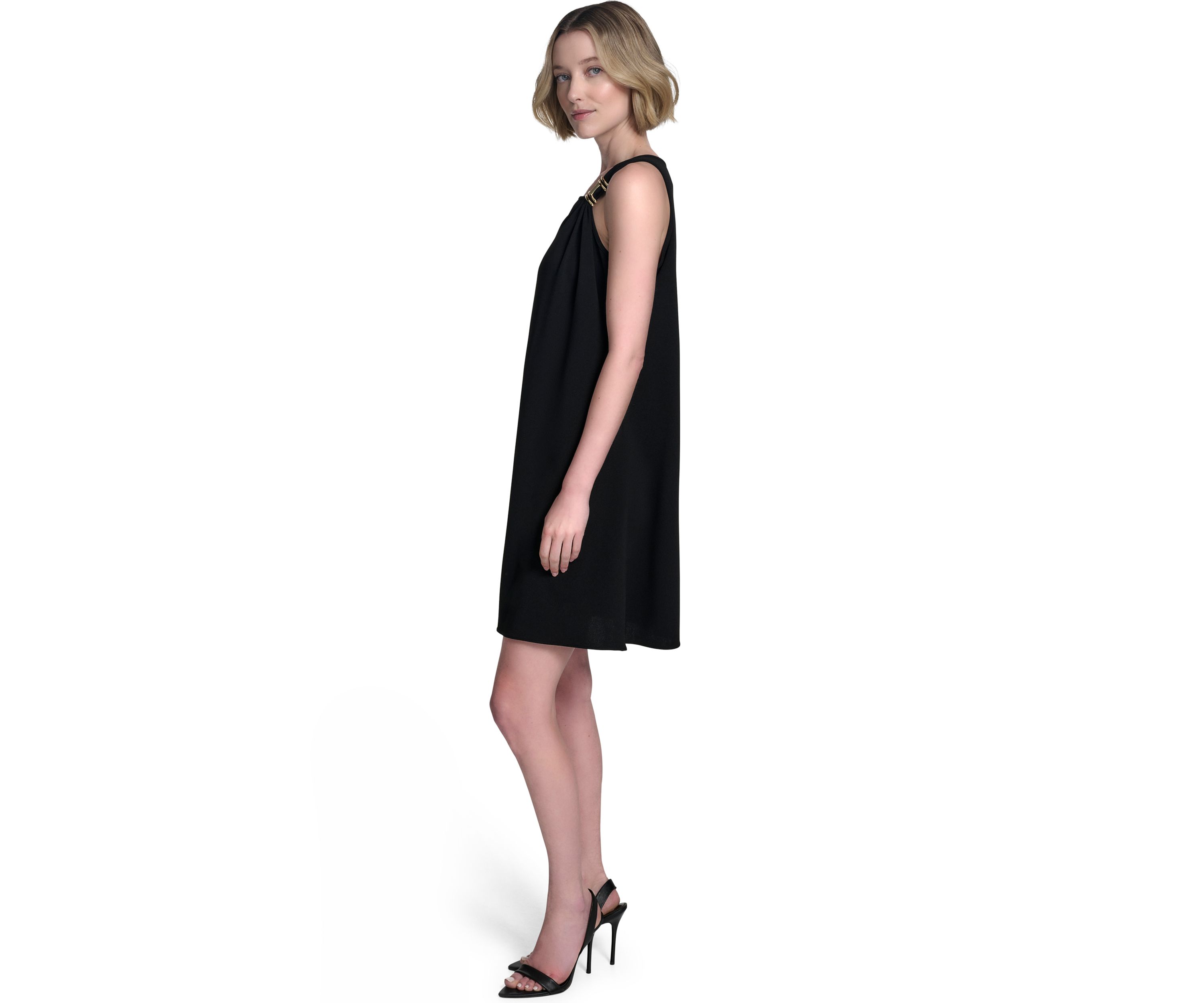 Womens Sleeveless Asymmetrical Neck Solid A-Line Dress