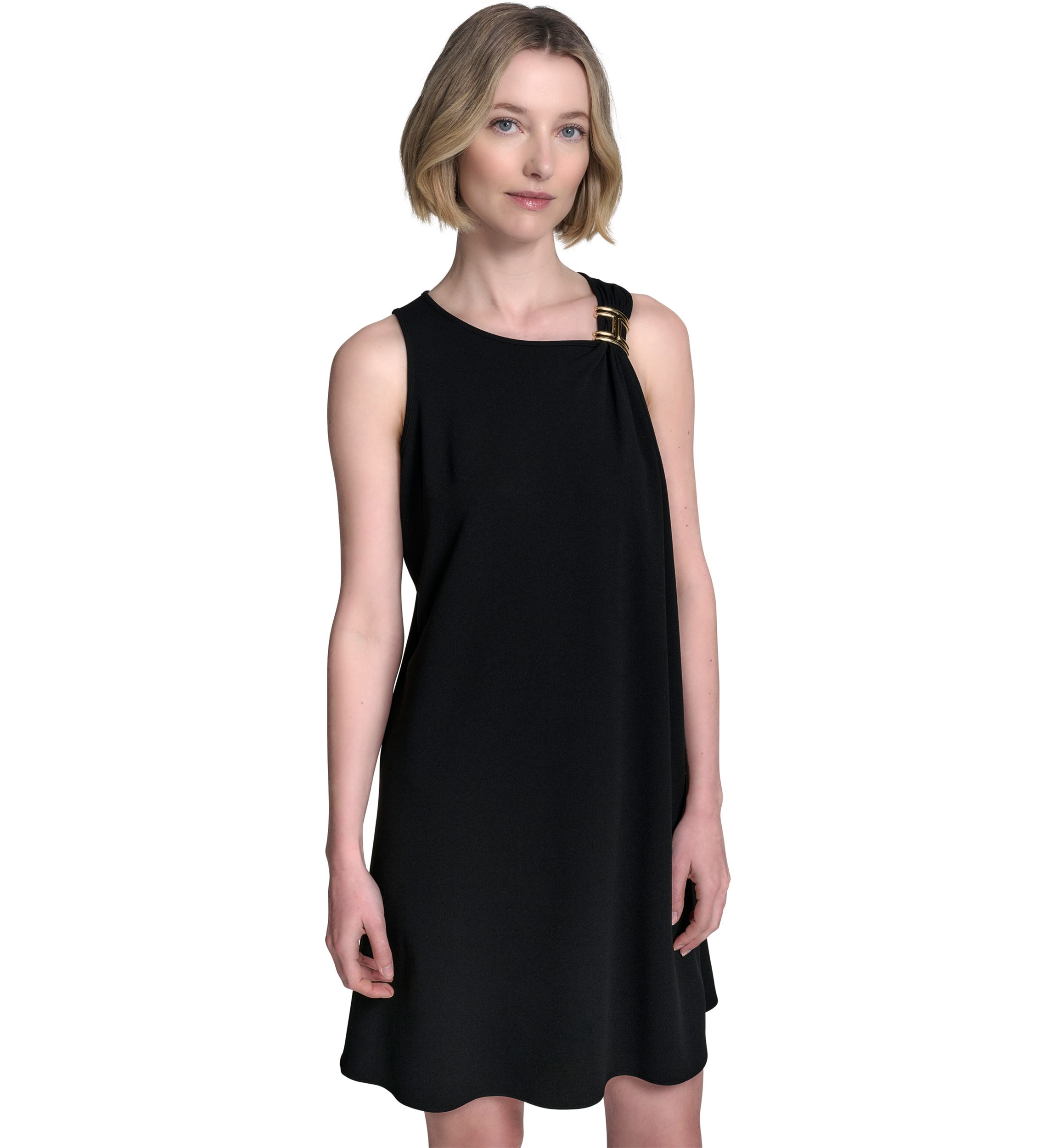 Womens Sleeveless Asymmetrical Neck Solid A-Line Dress