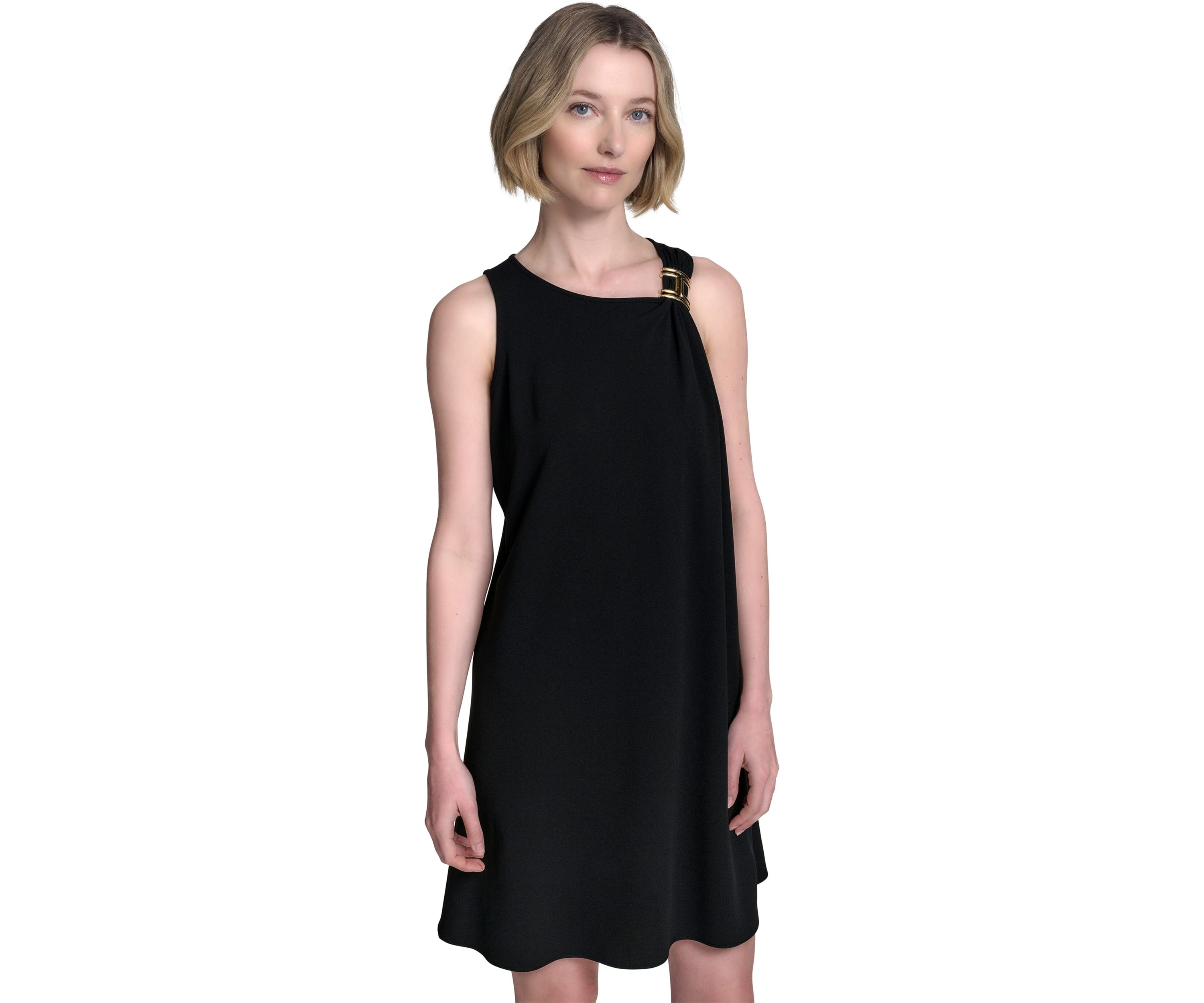 Womens Sleeveless Asymmetrical Neck Solid A-Line Dress