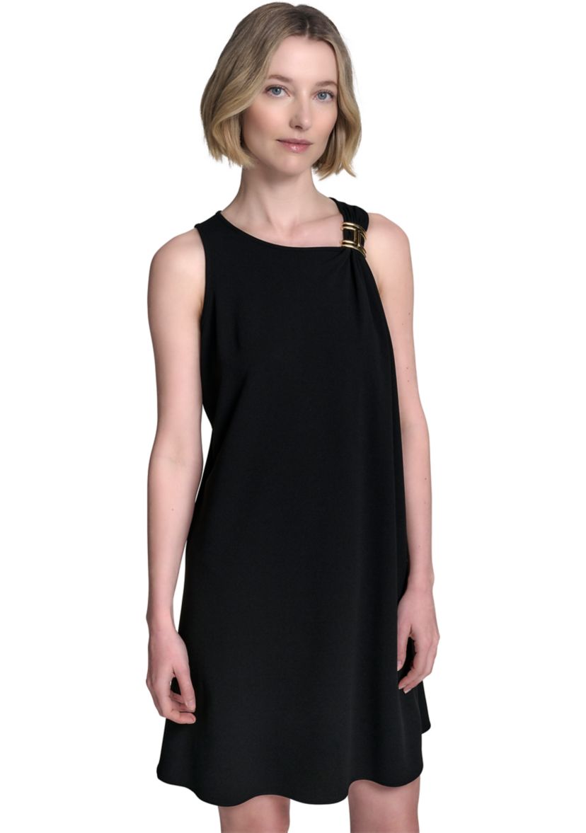 Womens Sleeveless Asymmetrical Neck Solid A-Line Dress