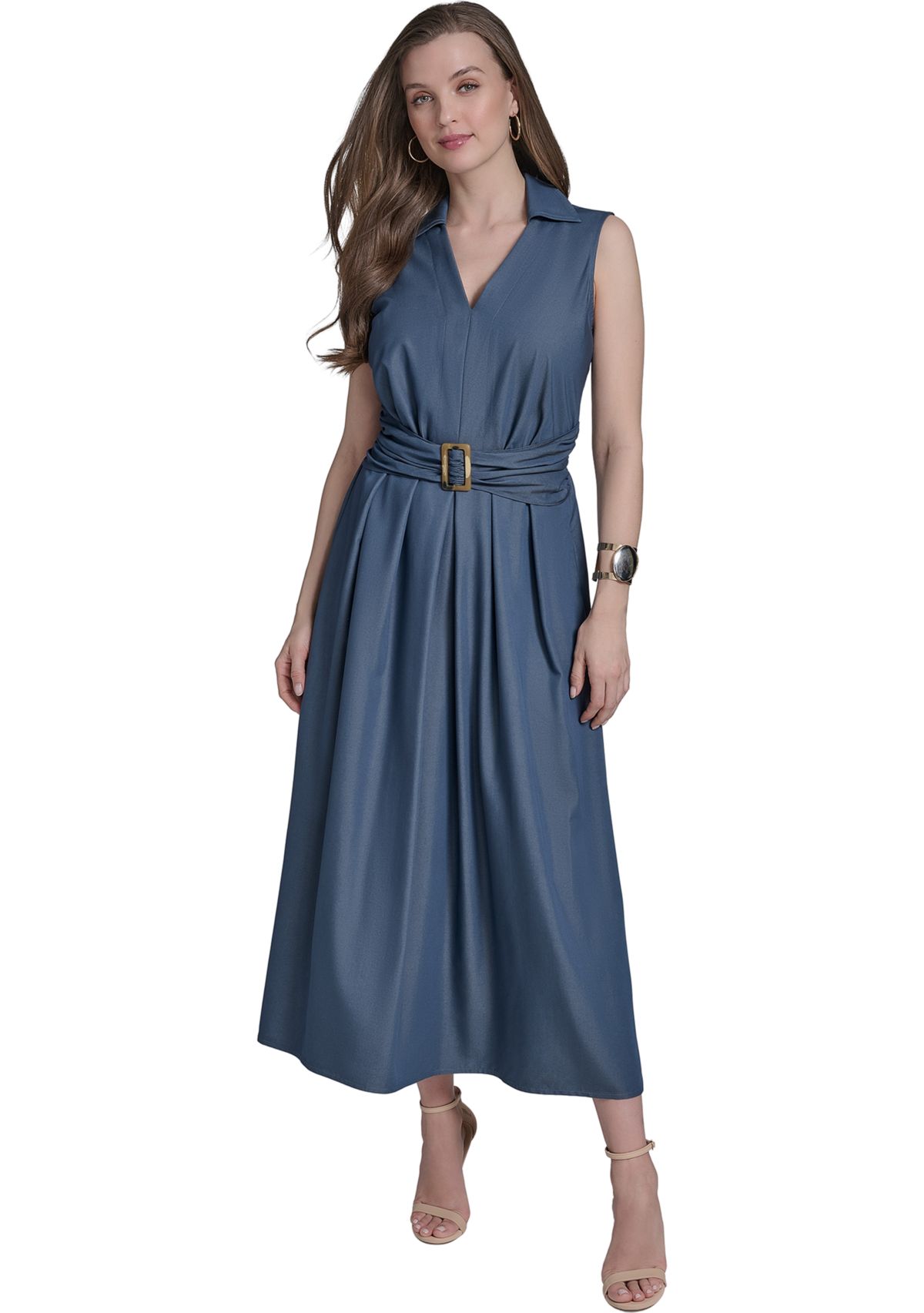 Womens Sleeveless Collar Neck Solid Belted Midi Dress