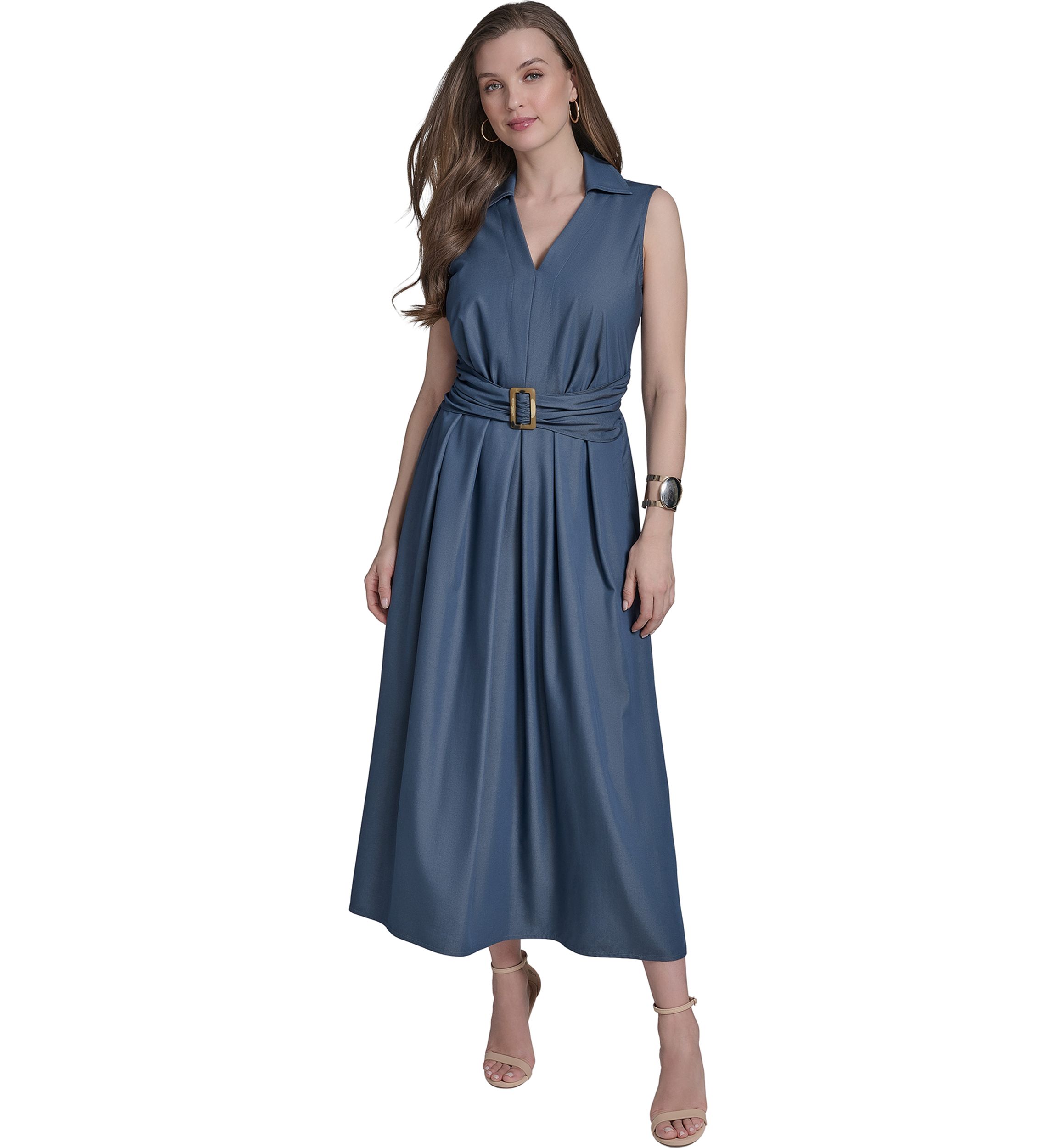 Womens Sleeveless Collar Neck Solid Belted Midi Dress
