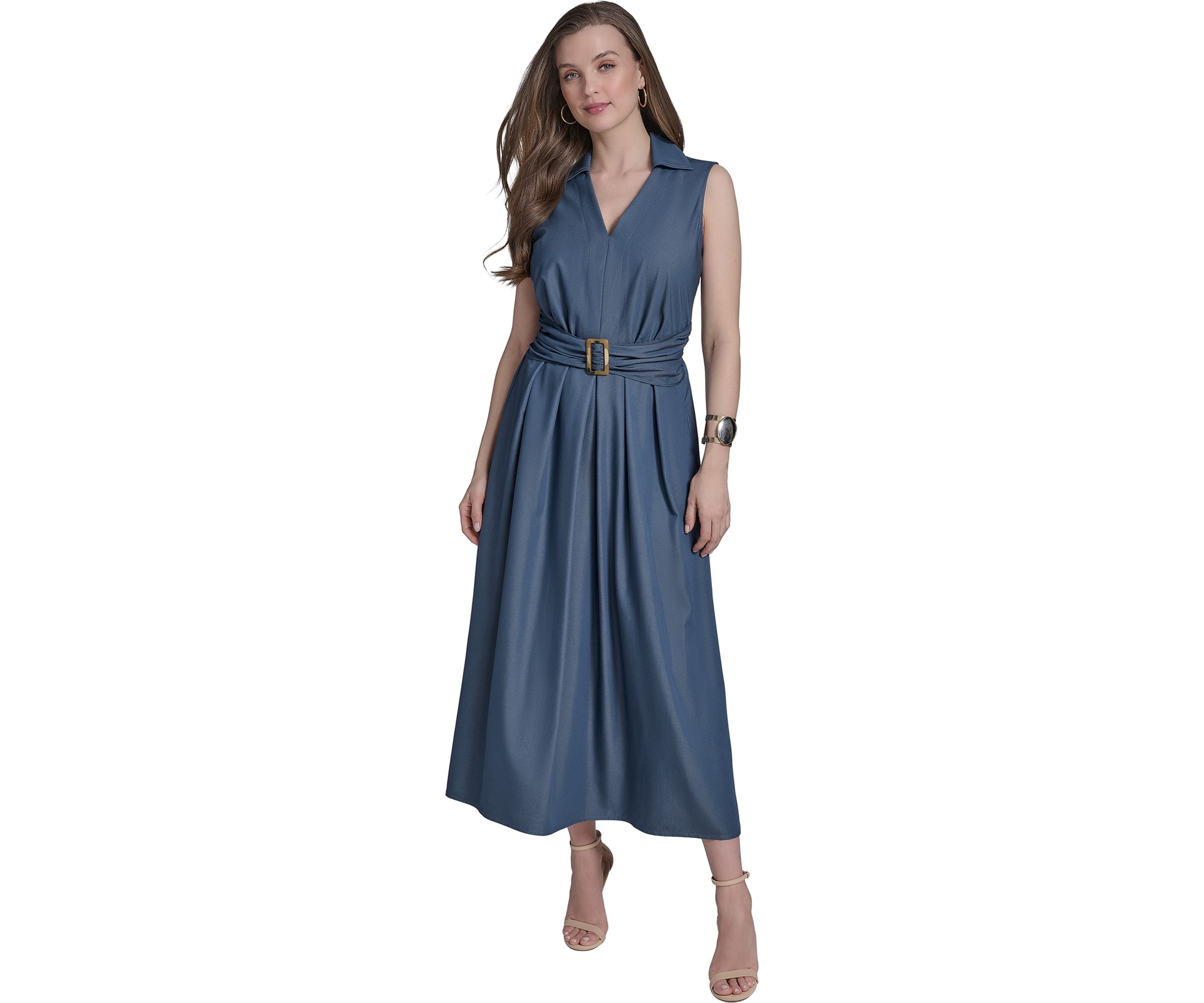Womens Sleeveless Collar Neck Solid Belted Midi Dress