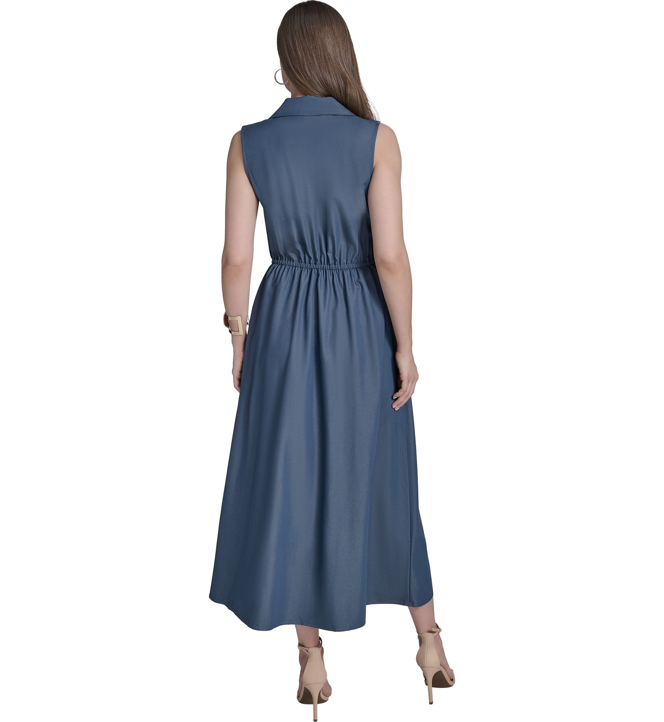Womens Sleeveless Collar Neck Solid Belted Midi Dress