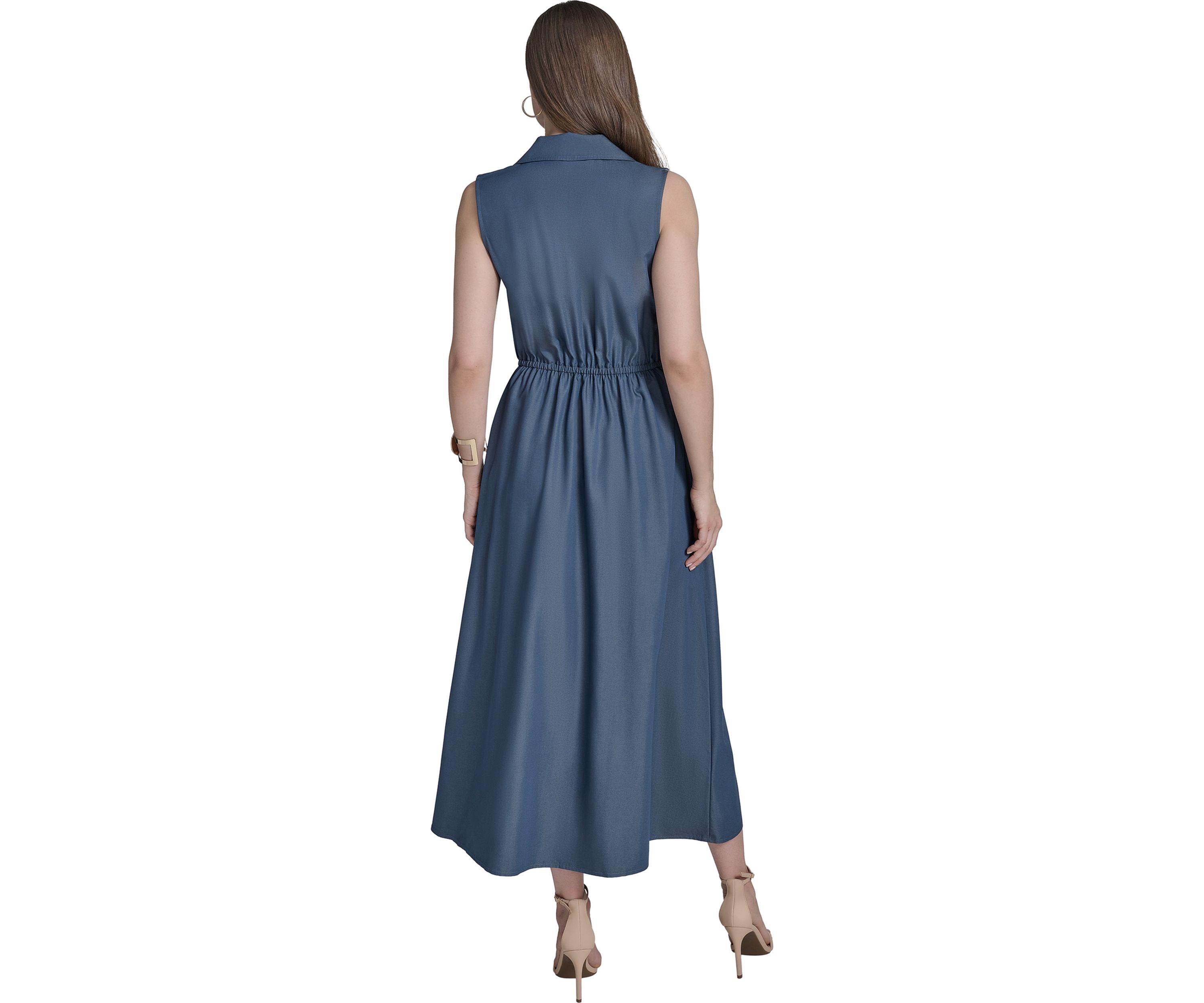 Womens Sleeveless Collar Neck Solid Belted Midi Dress