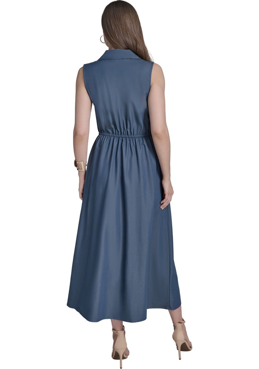 Womens Sleeveless Collar Neck Solid Belted Midi Dress