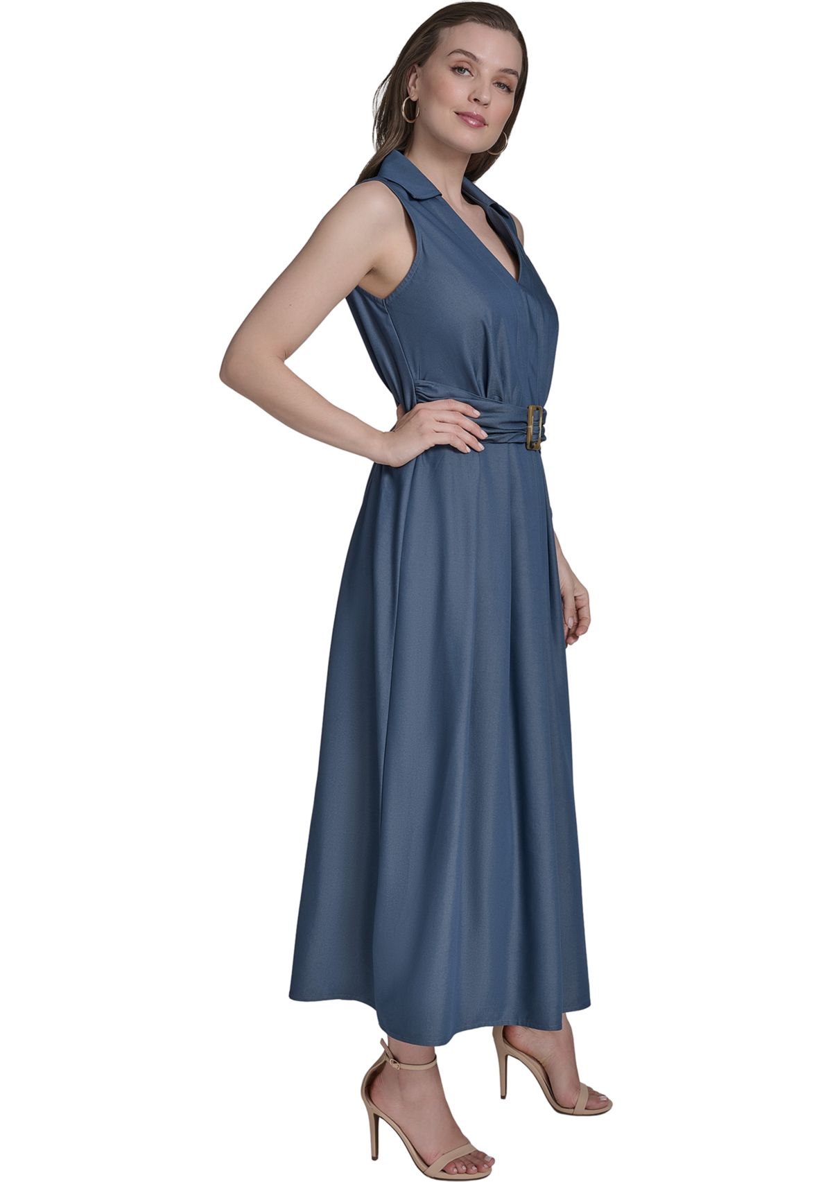 Womens Sleeveless Collar Neck Solid Belted Midi Dress