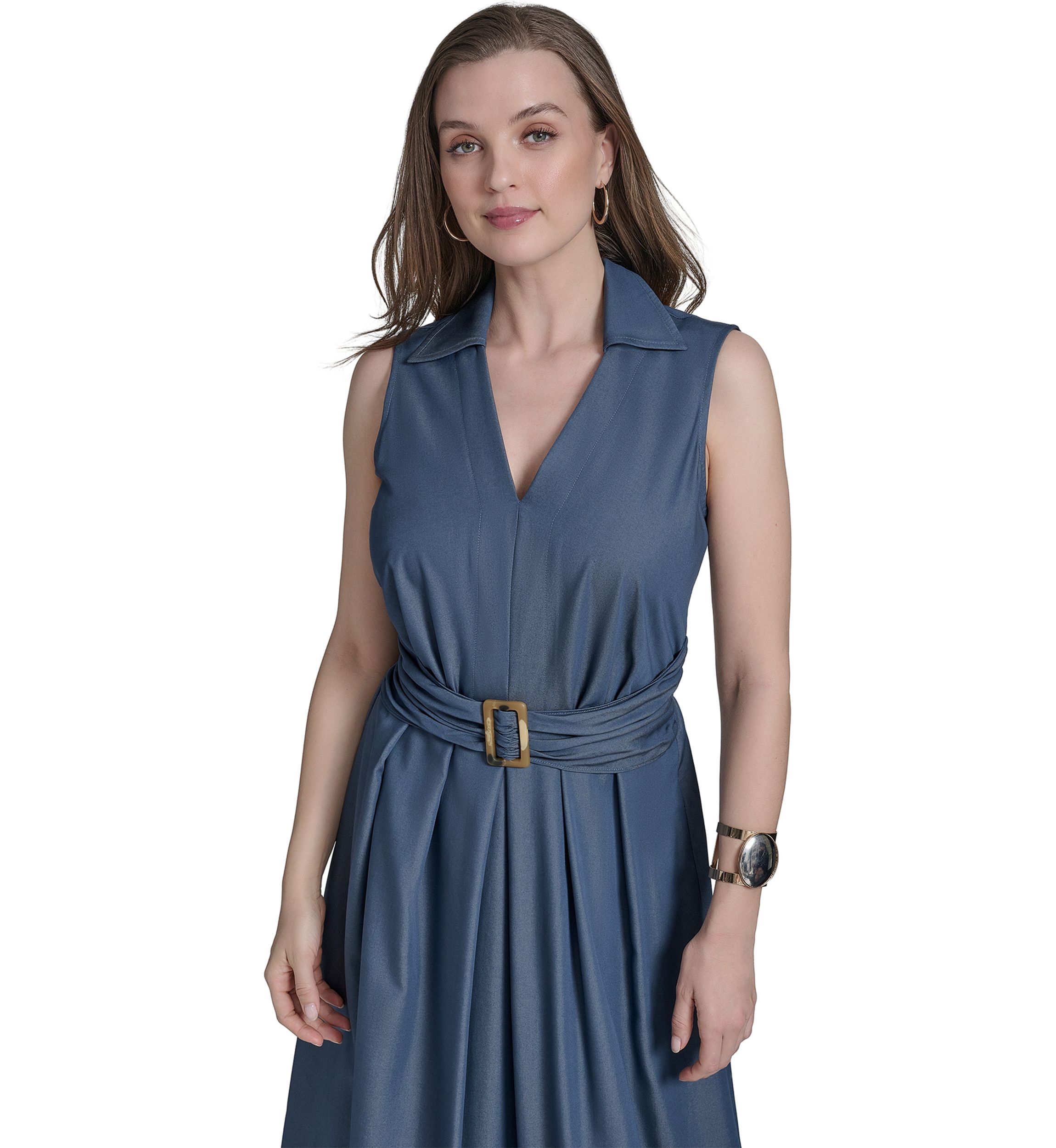 Womens Sleeveless Collar Neck Solid Belted Midi Dress