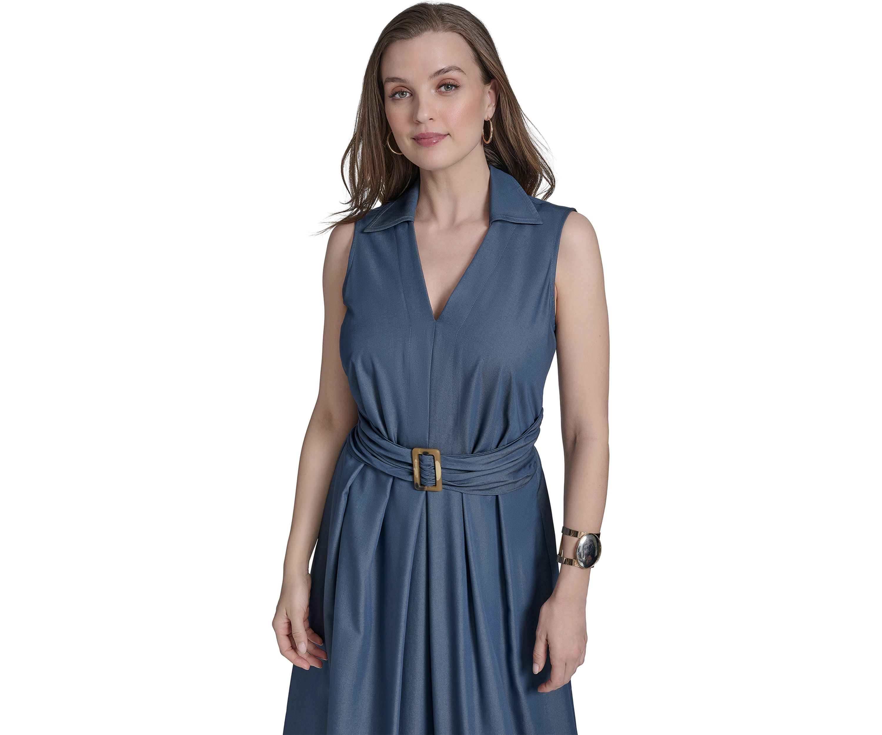 Womens Sleeveless Collar Neck Solid Belted Midi Dress