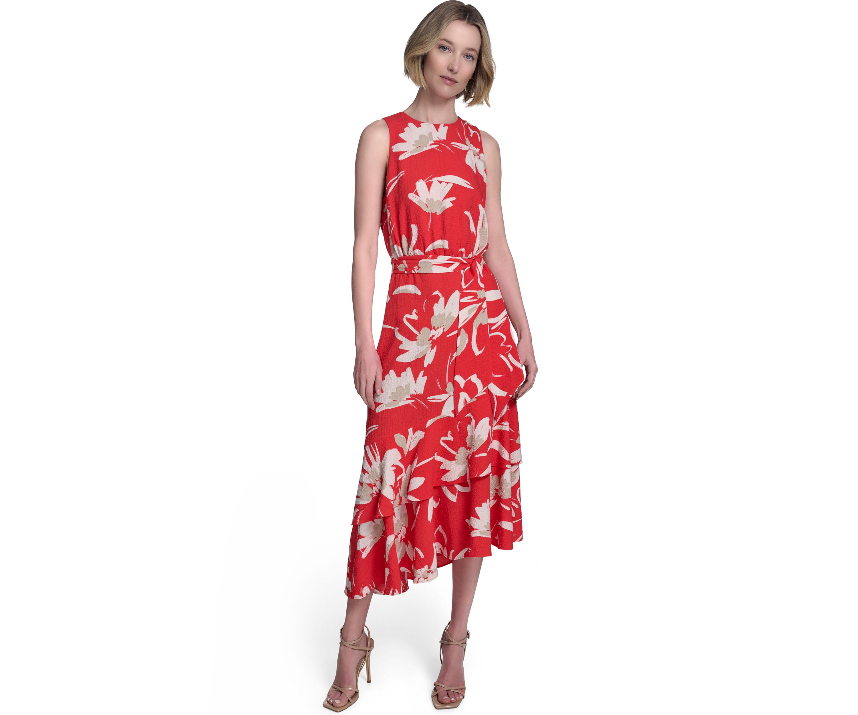 Womens Sleeveless Crew Neck Floral Print Belted Midi Dress