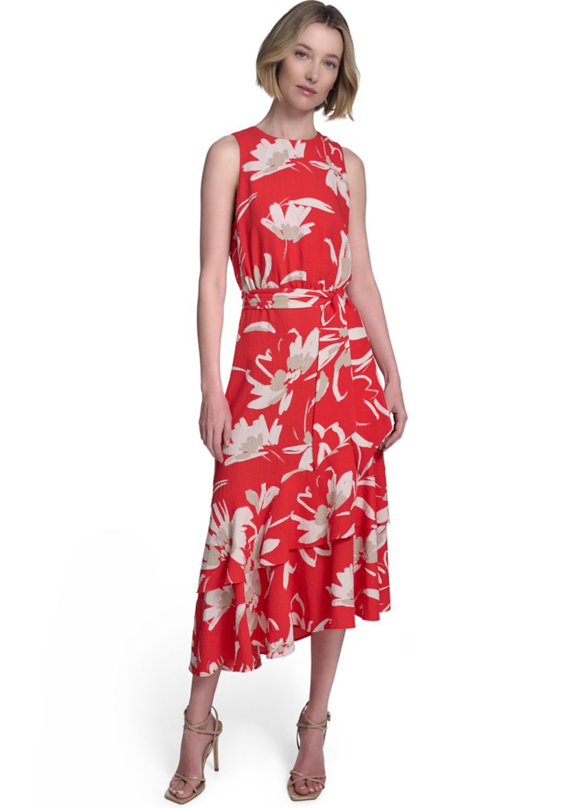Womens Sleeveless Crew Neck Floral Print Belted Midi Dress