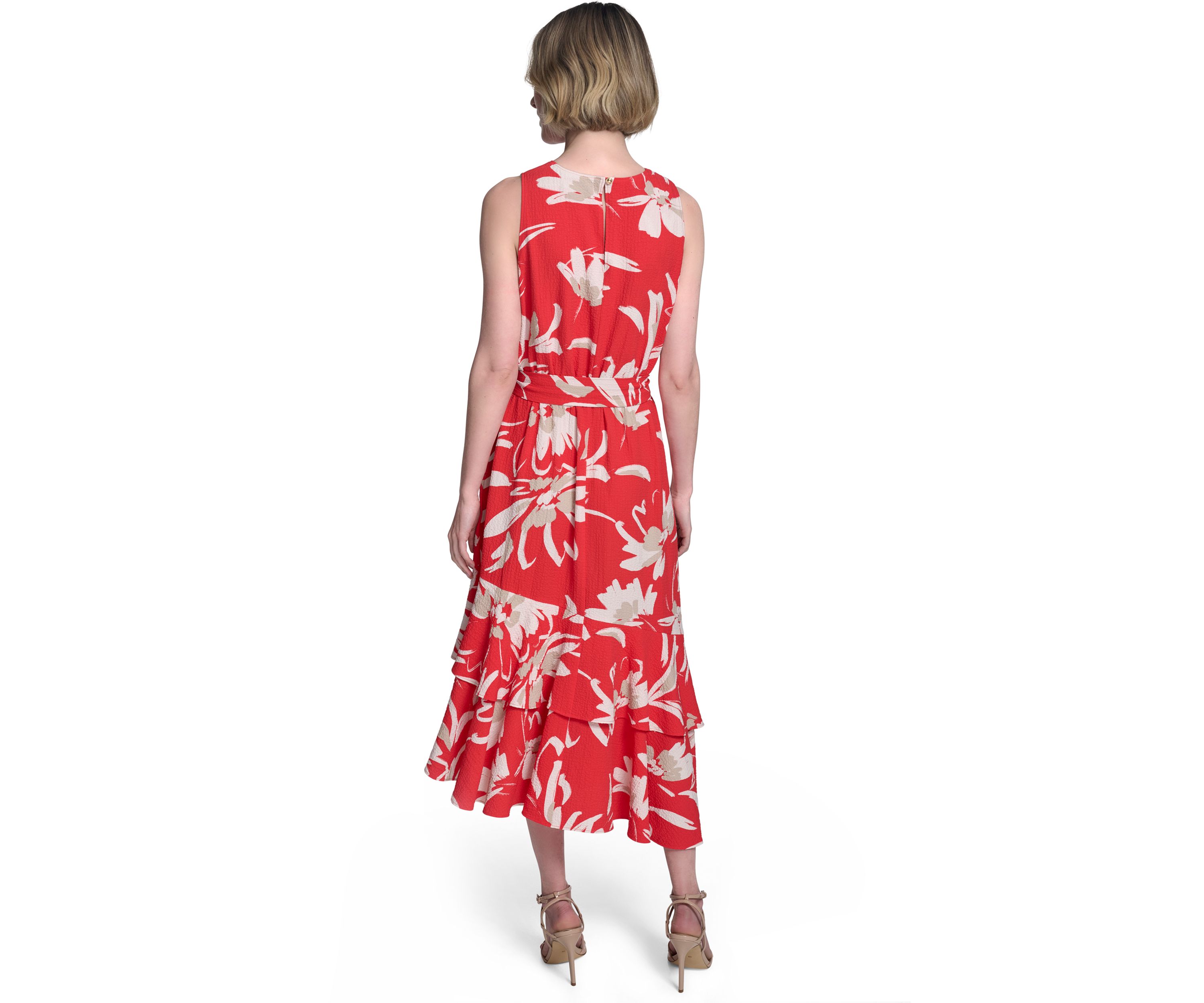 Womens Sleeveless Crew Neck Floral Print Belted Midi Dress
