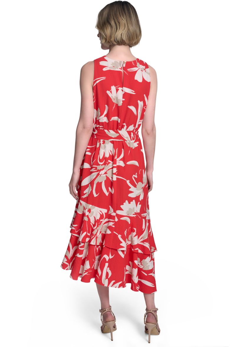 Womens Sleeveless Crew Neck Floral Print Belted Midi Dress