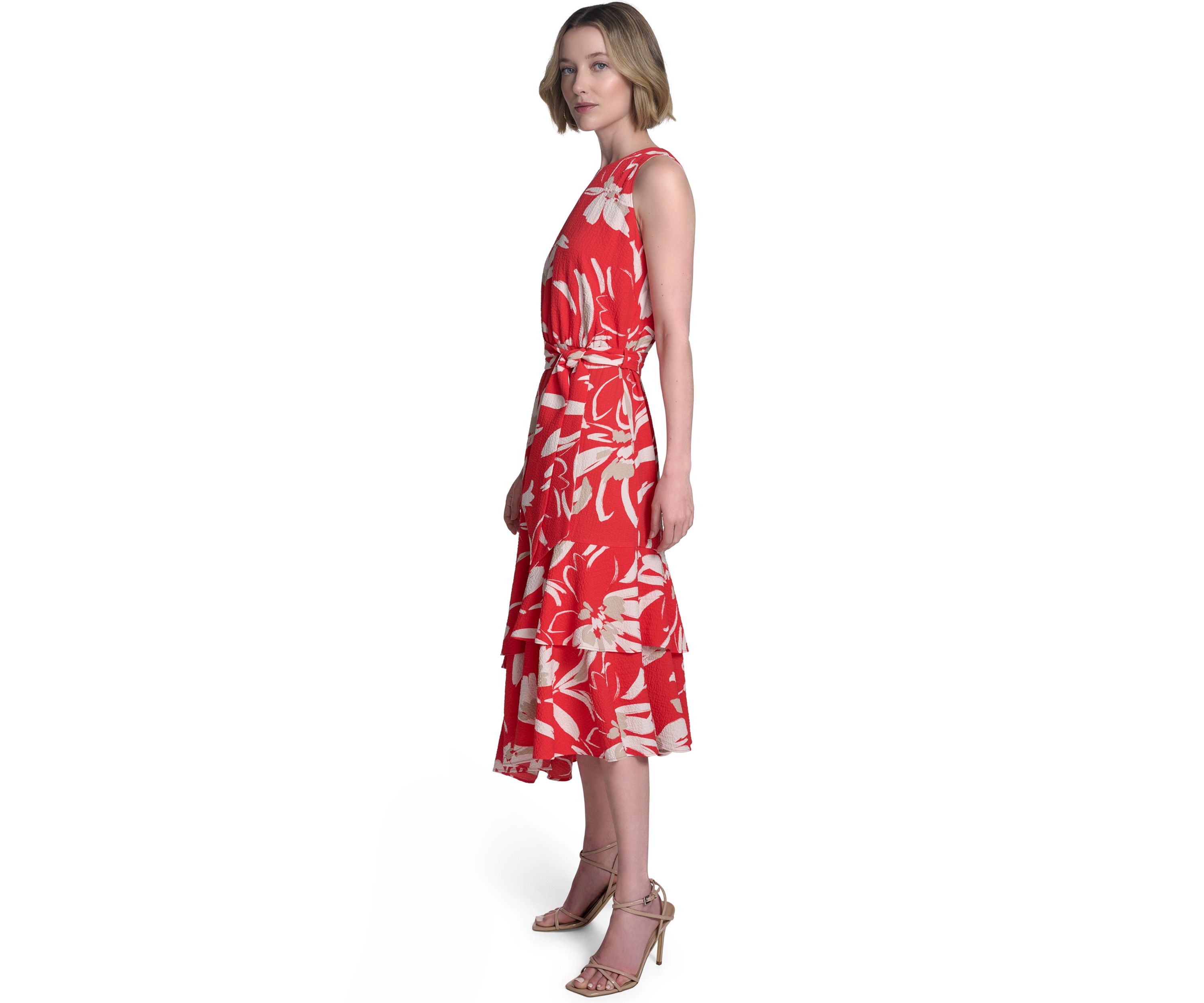 Womens Sleeveless Crew Neck Floral Print Belted Midi Dress