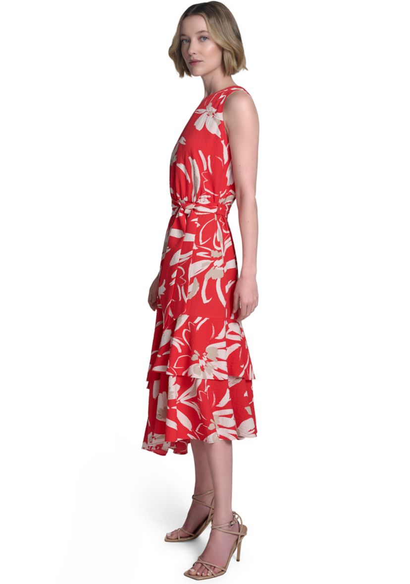 Womens Sleeveless Crew Neck Floral Print Belted Midi Dress