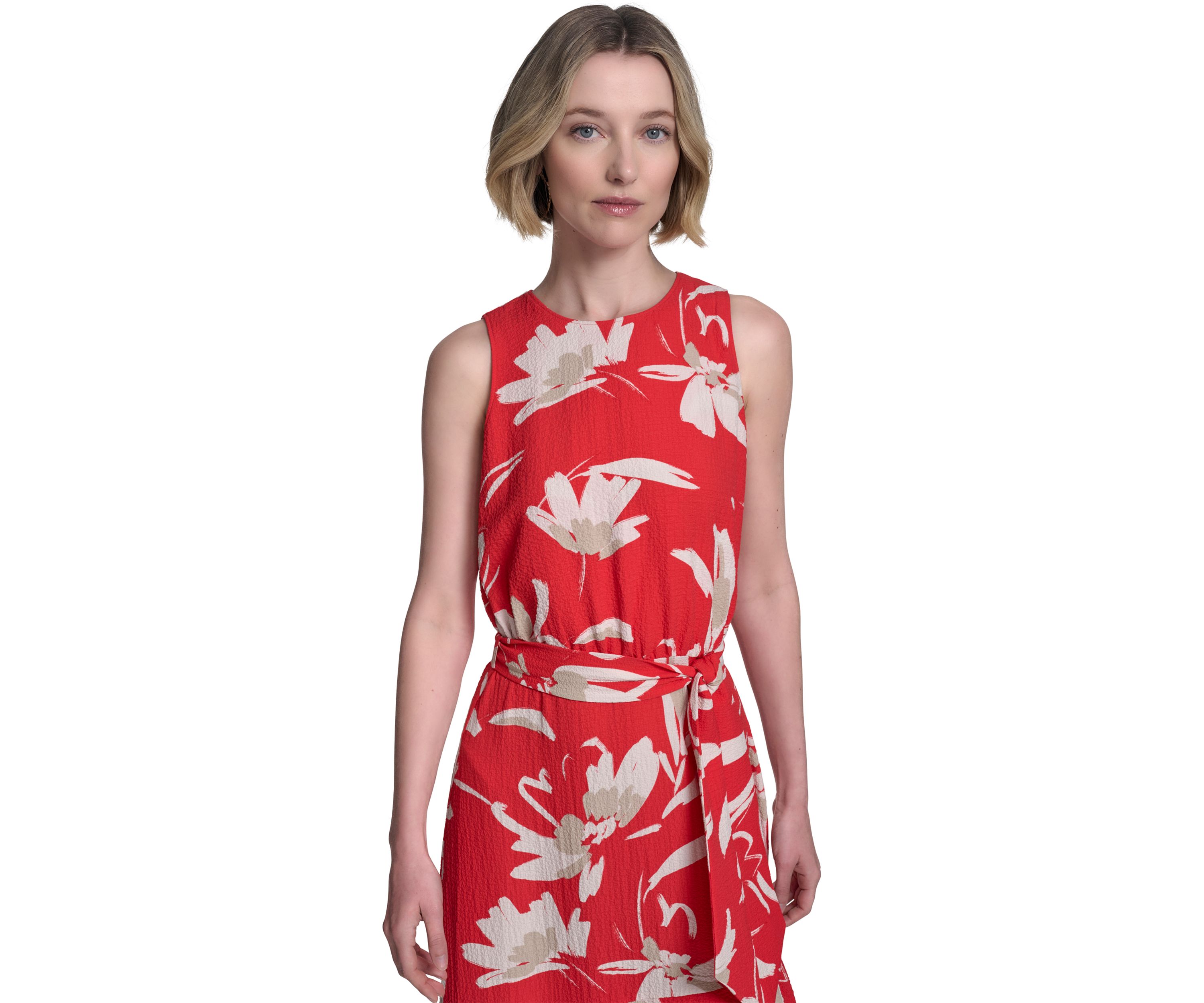 Womens Sleeveless Crew Neck Floral Print Belted Midi Dress