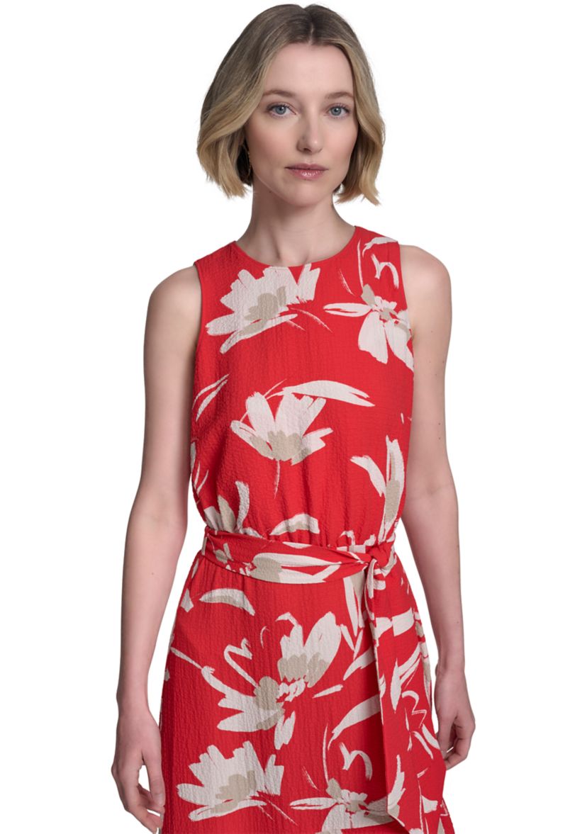 Womens Sleeveless Crew Neck Floral Print Belted Midi Dress