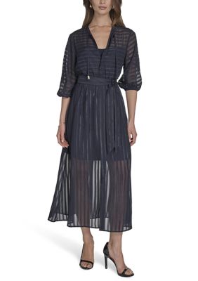 Halston Women's 3/4 Sleeve Solid Belted Midi Dress