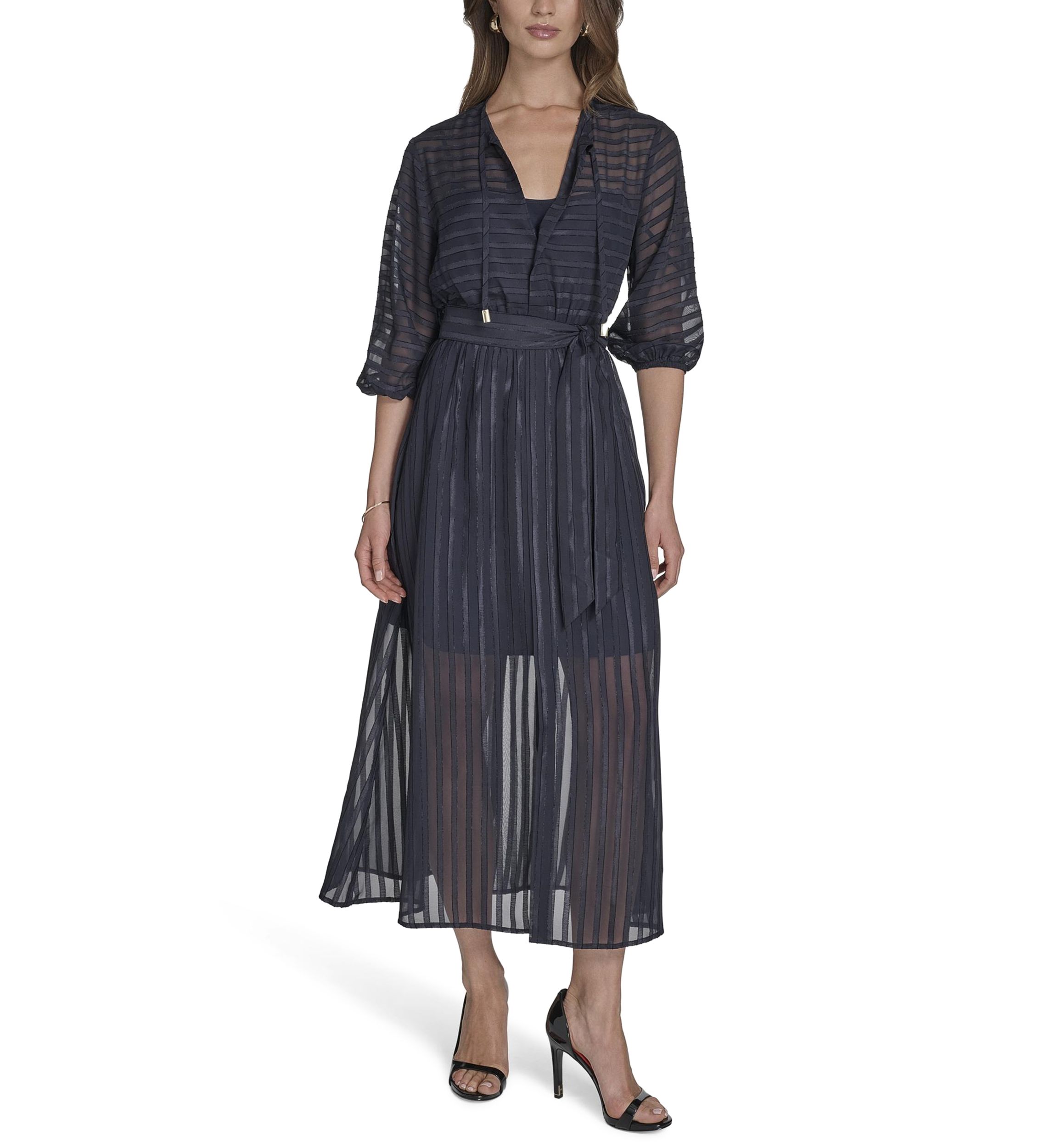 Womens 3/4 Sleeve Solid Belted Midi Dress