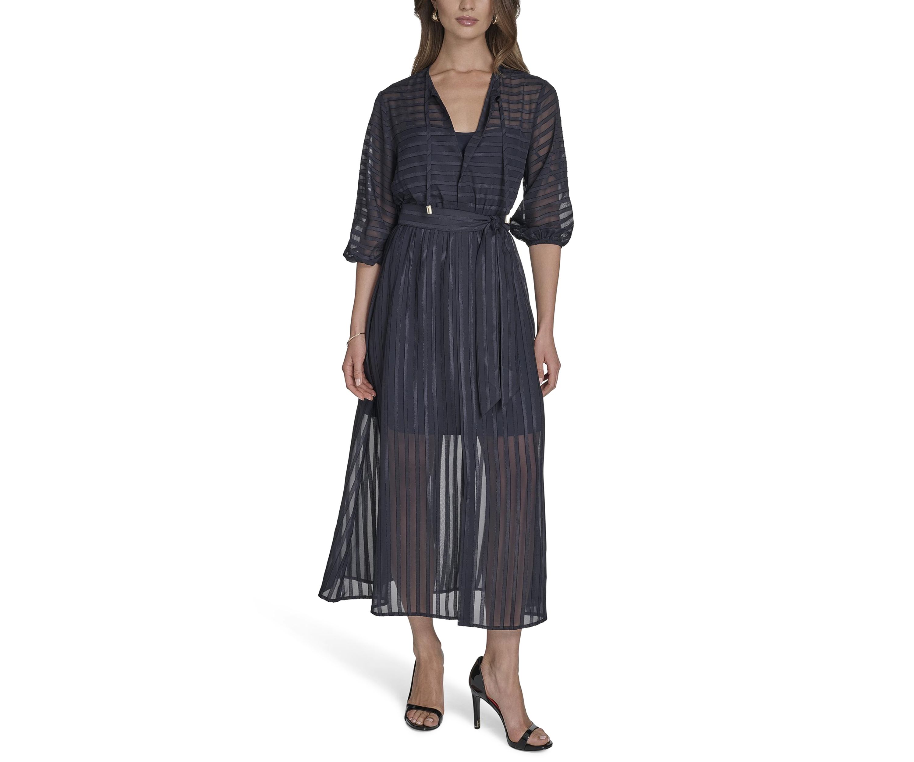 Womens 3/4 Sleeve Solid Belted Midi Dress
