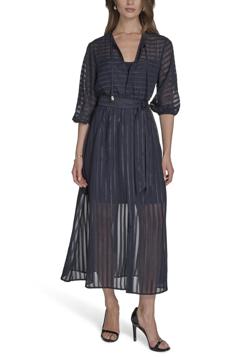 Womens 3/4 Sleeve Solid Belted Midi Dress