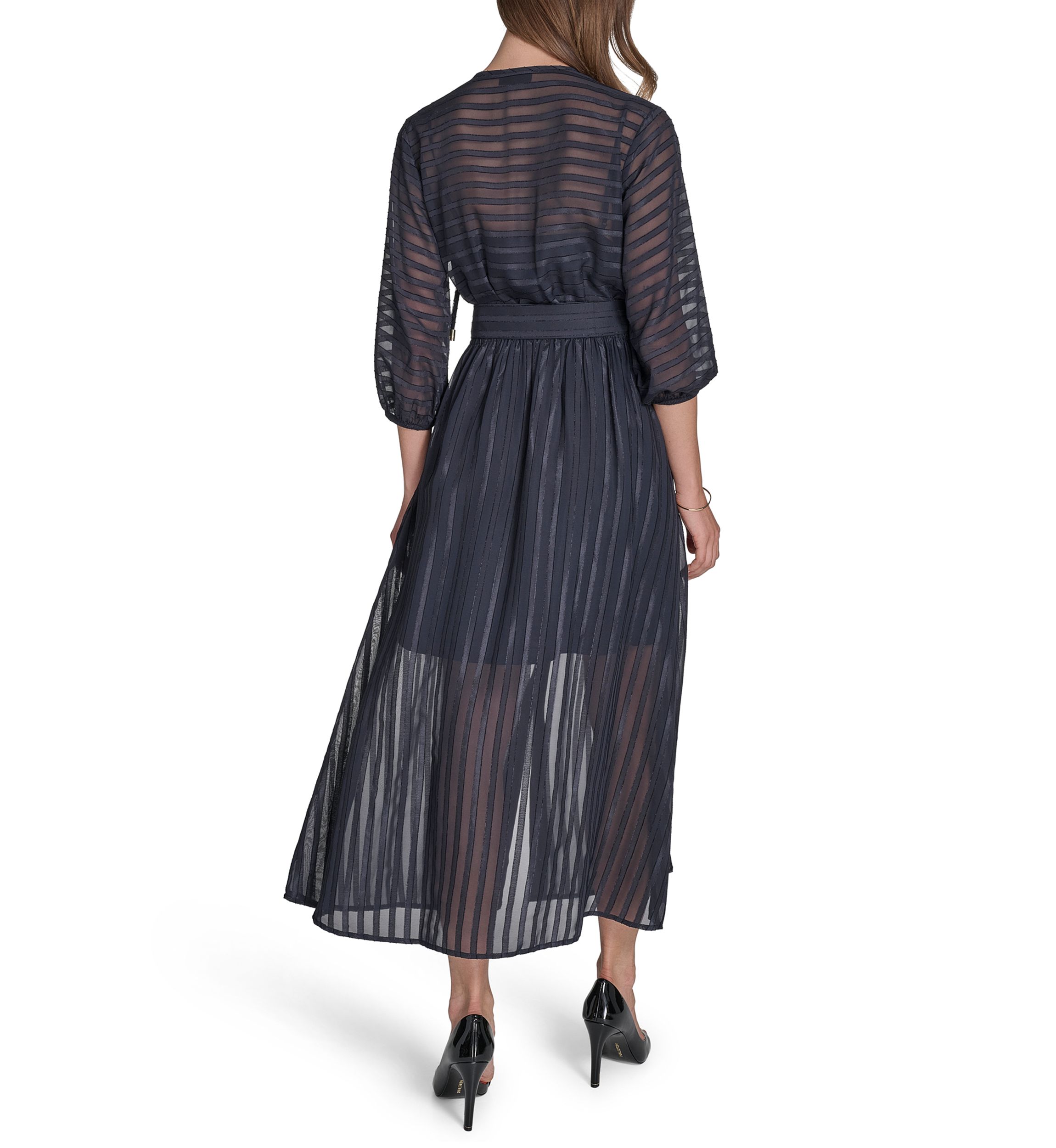 Womens 3/4 Sleeve Solid Belted Midi Dress
